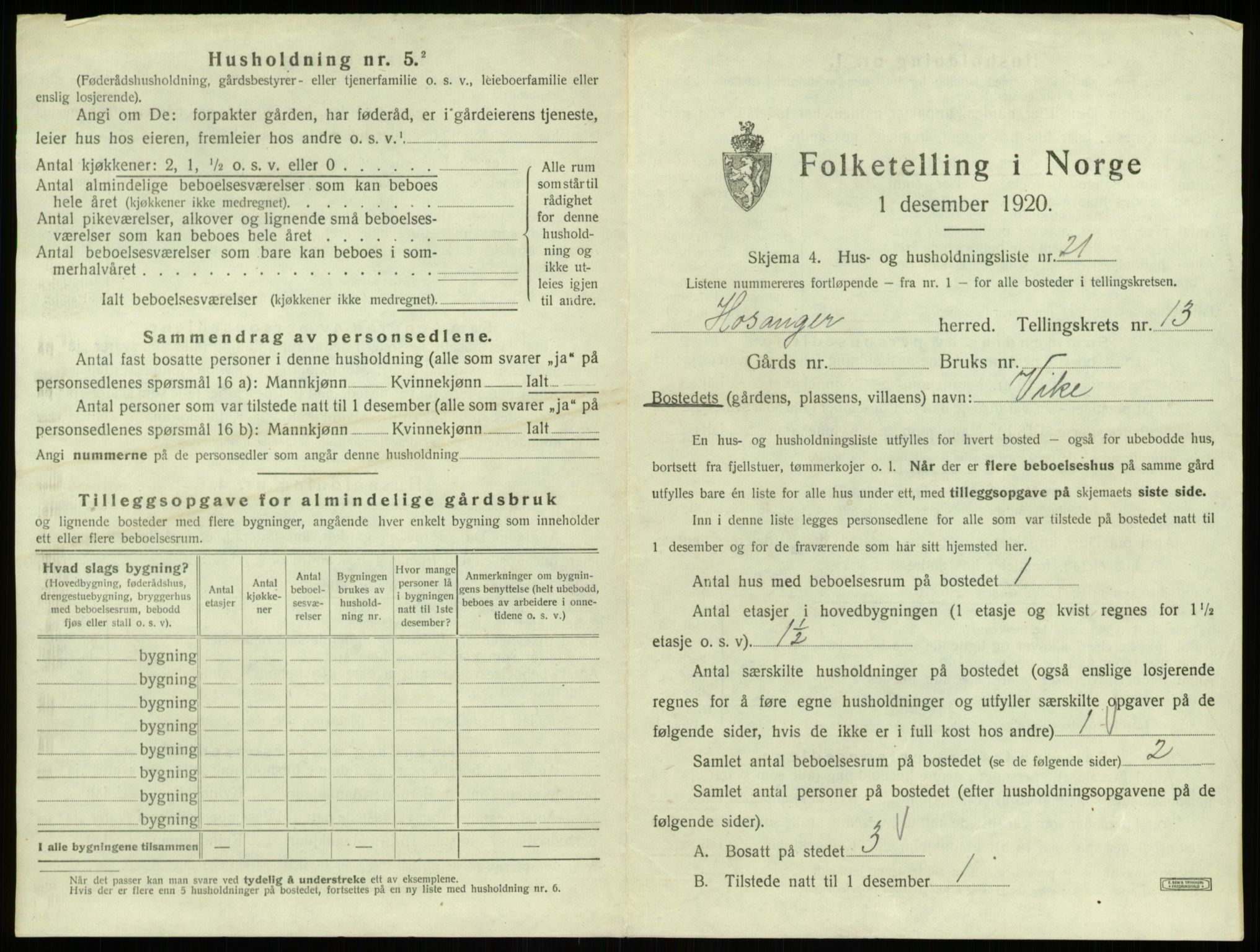 SAB, 1920 census for Hosanger, 1920, p. 713