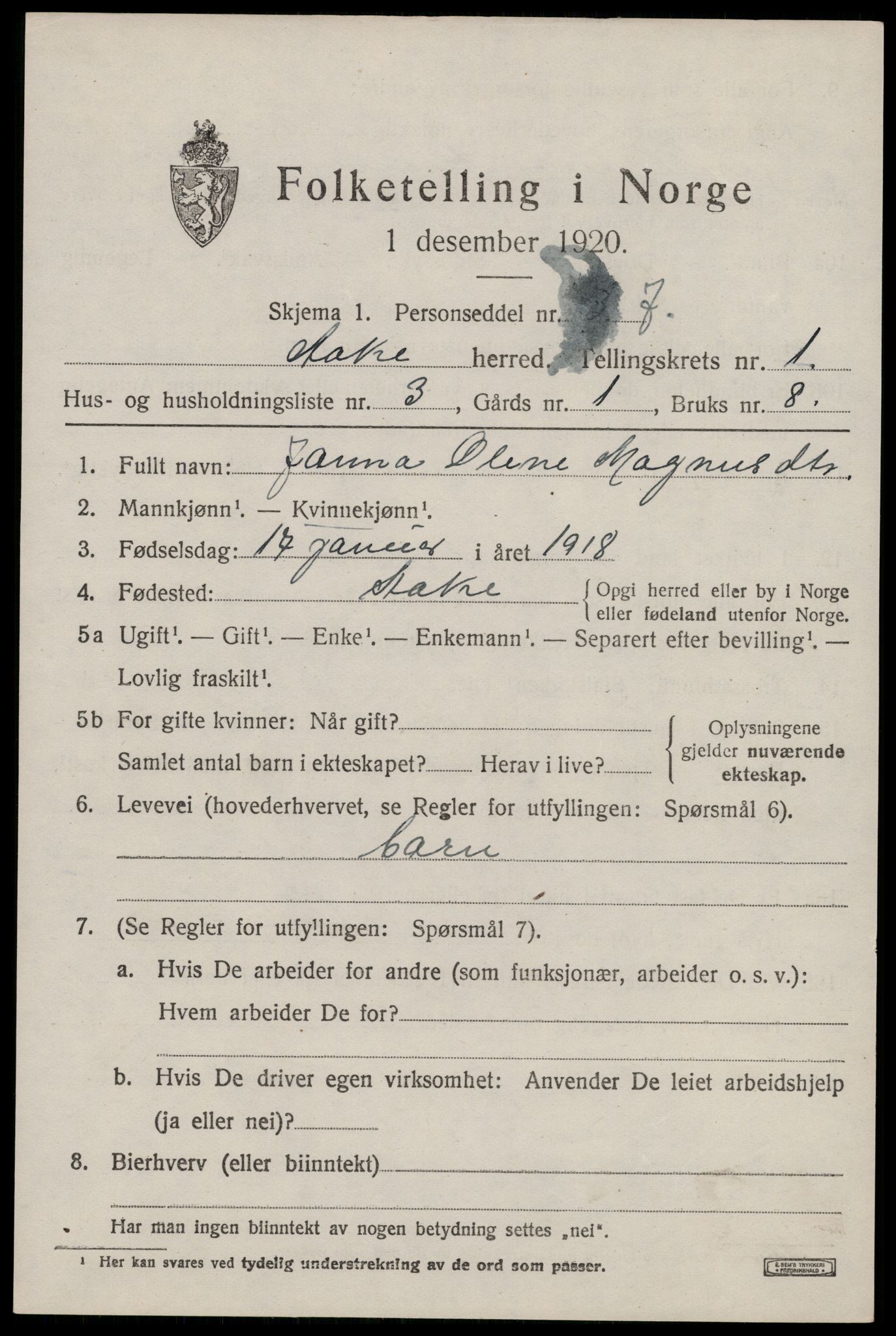 SAST, 1920 census for Åkra, 1920, p. 1298