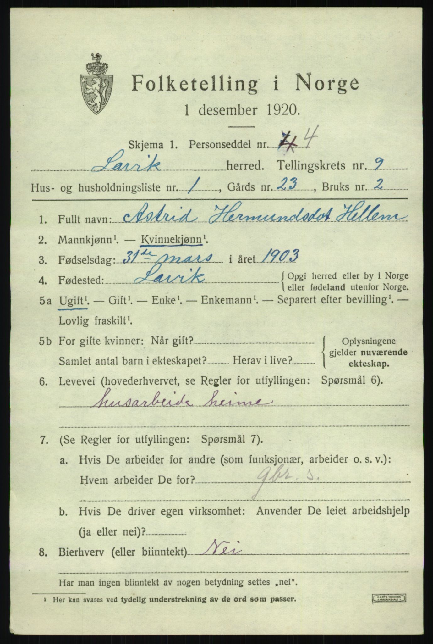 SAB, 1920 census for Lavik, 1920, p. 1912