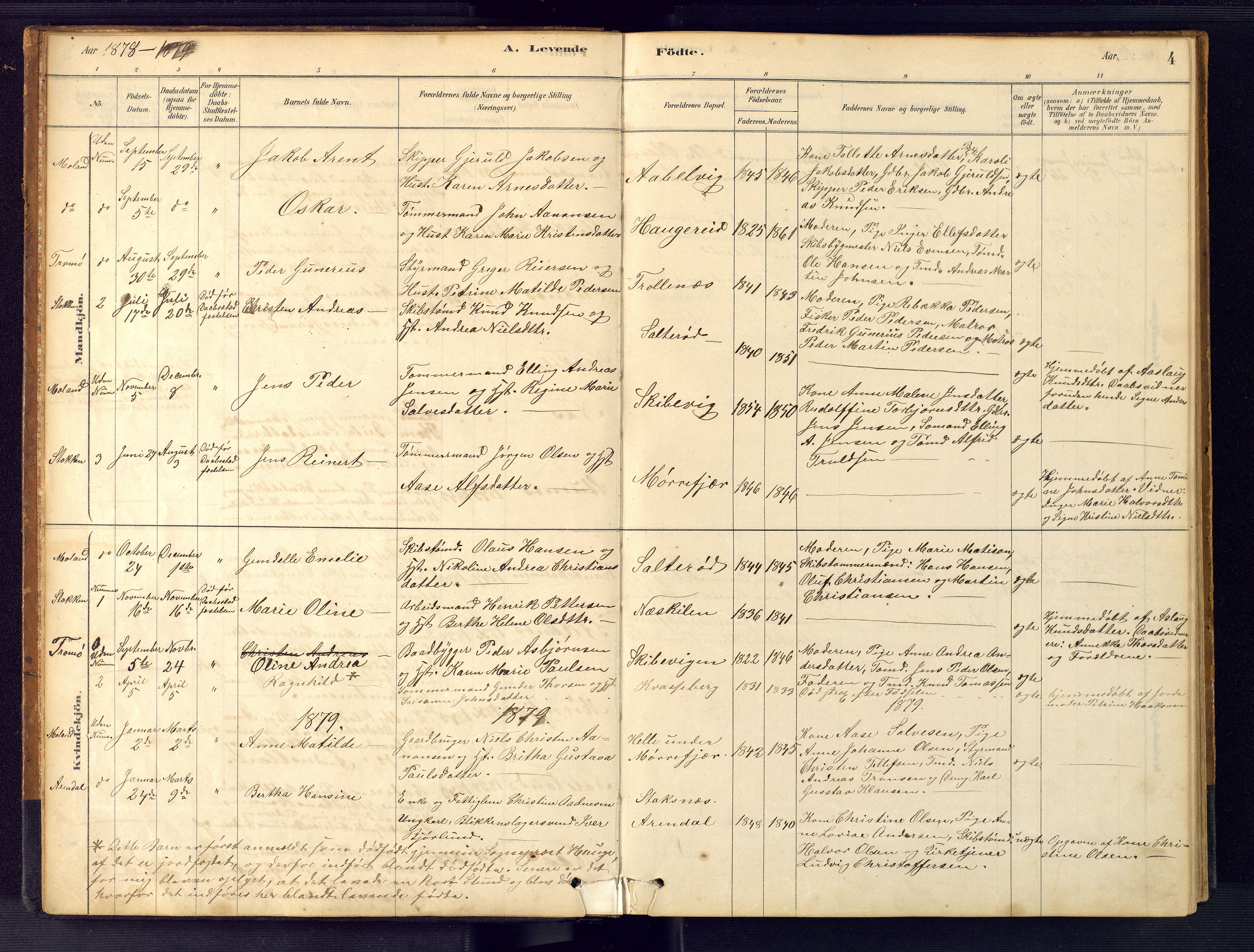 Austre Moland sokneprestkontor, SAK/1111-0001/F/Fb/Fbb/L0001: Parish register (copy) no. B 1, 1878-1904, p. 4