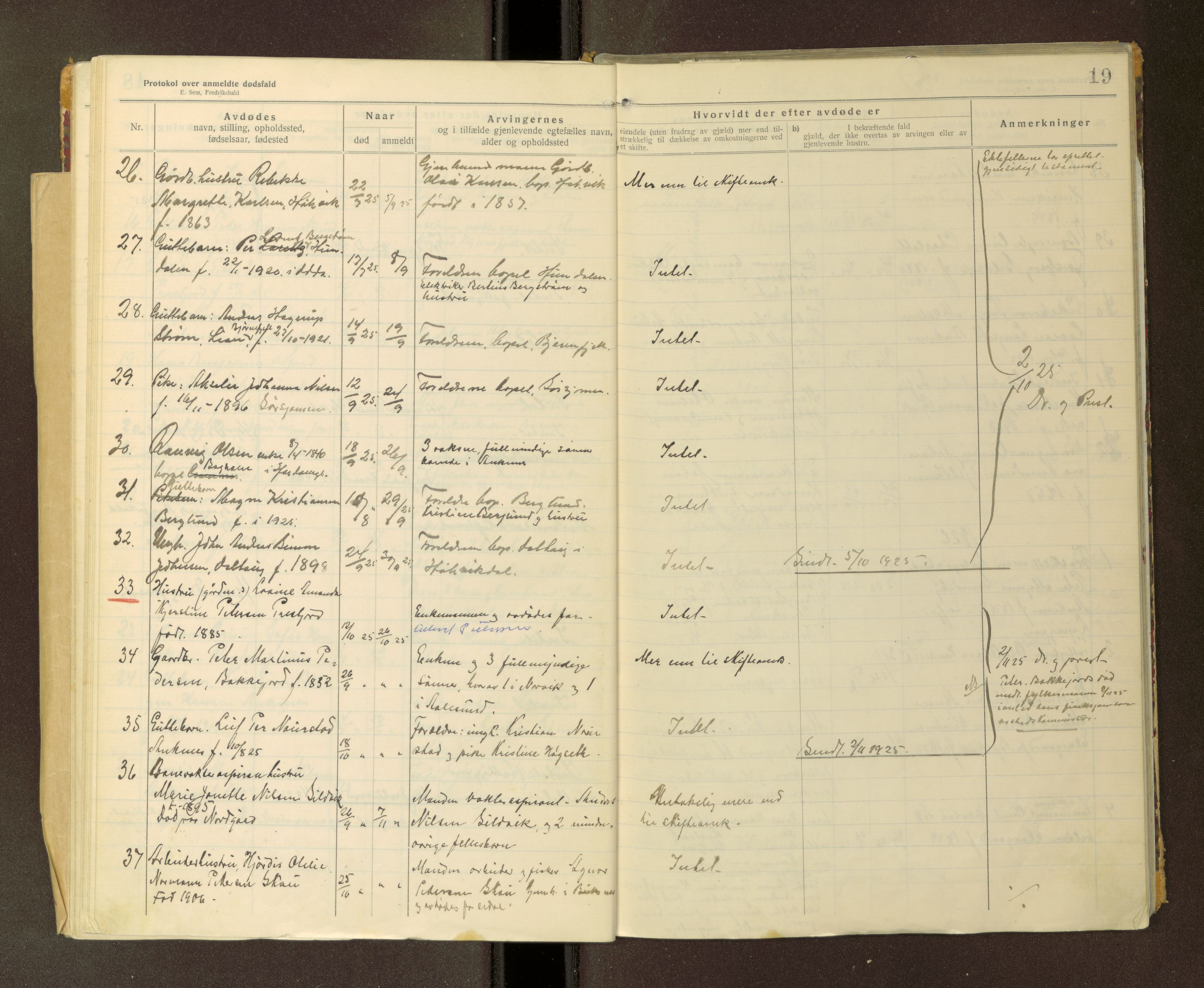 Ankenes lensmannskontor, AV/SAT-A-4498/G/Ga/Gaa/L0001: Dødsfallsprotokoller, 1920-1940, p. 19