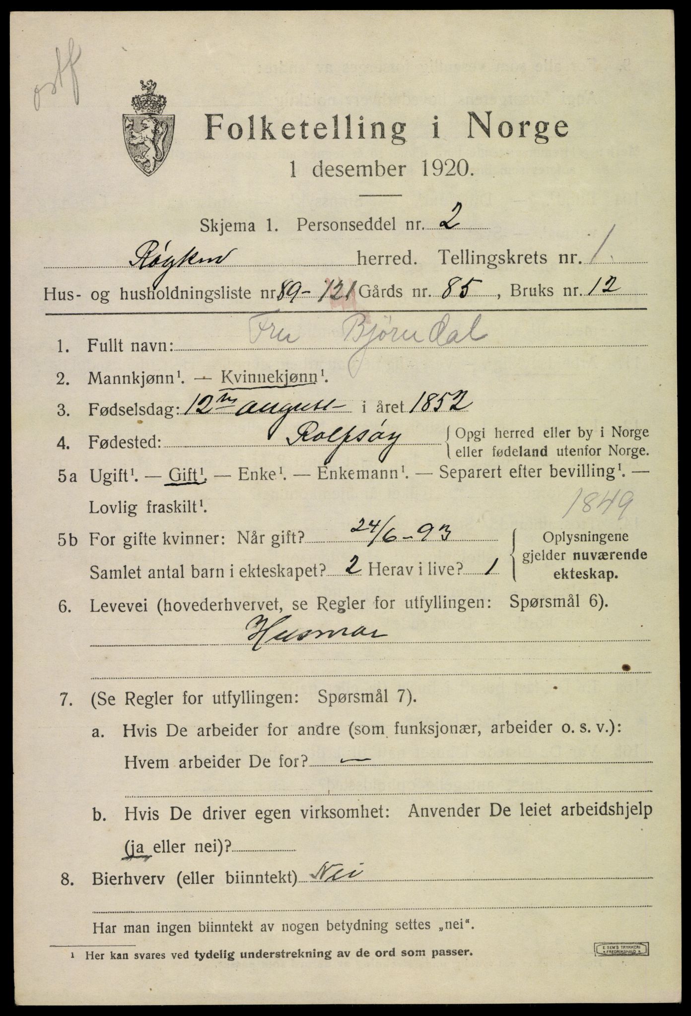 SAKO, 1920 census for Røyken, 1920, p. 2876