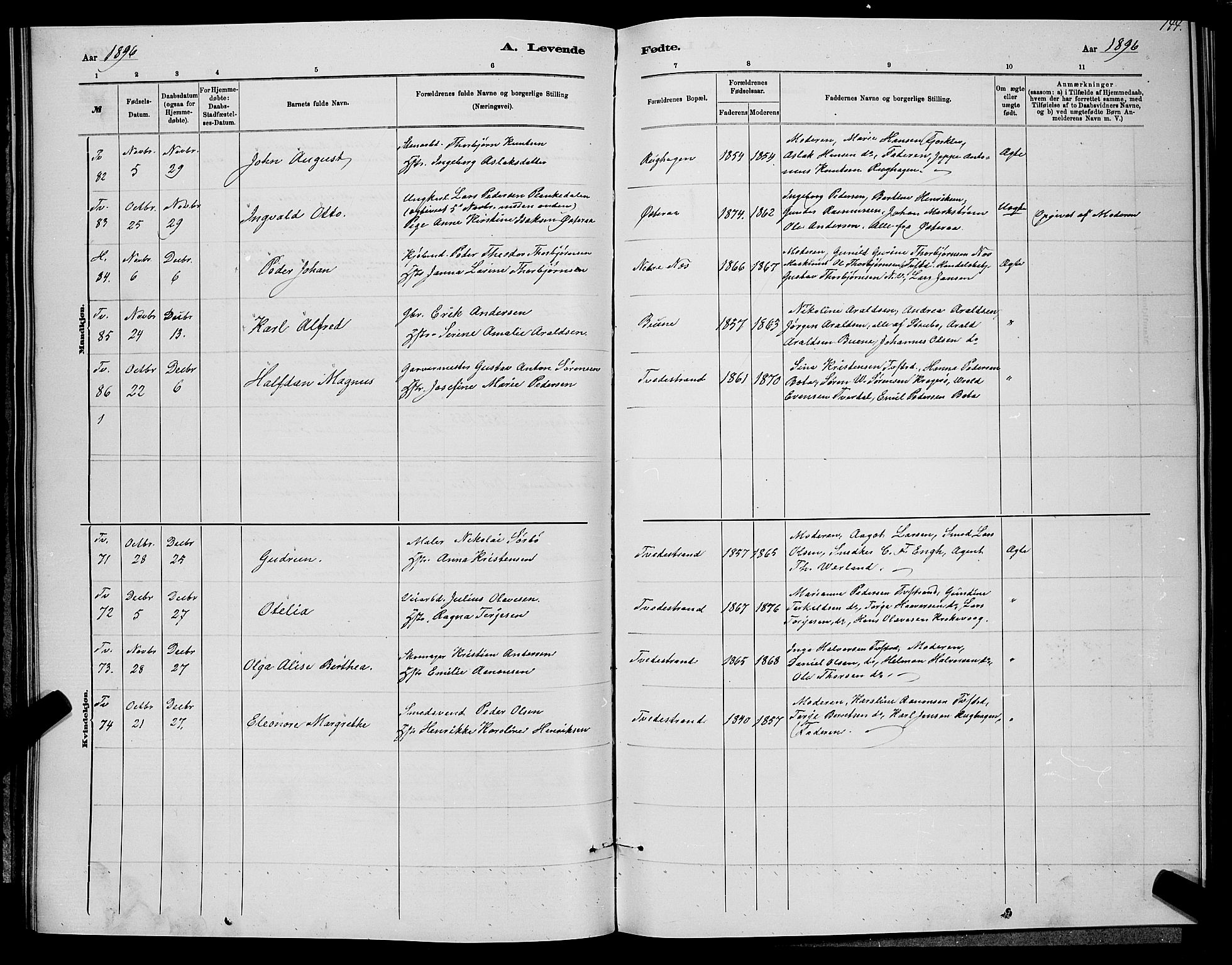 Holt sokneprestkontor, SAK/1111-0021/F/Fb/L0010: Parish register (copy) no. B 10, 1883-1896, p. 144