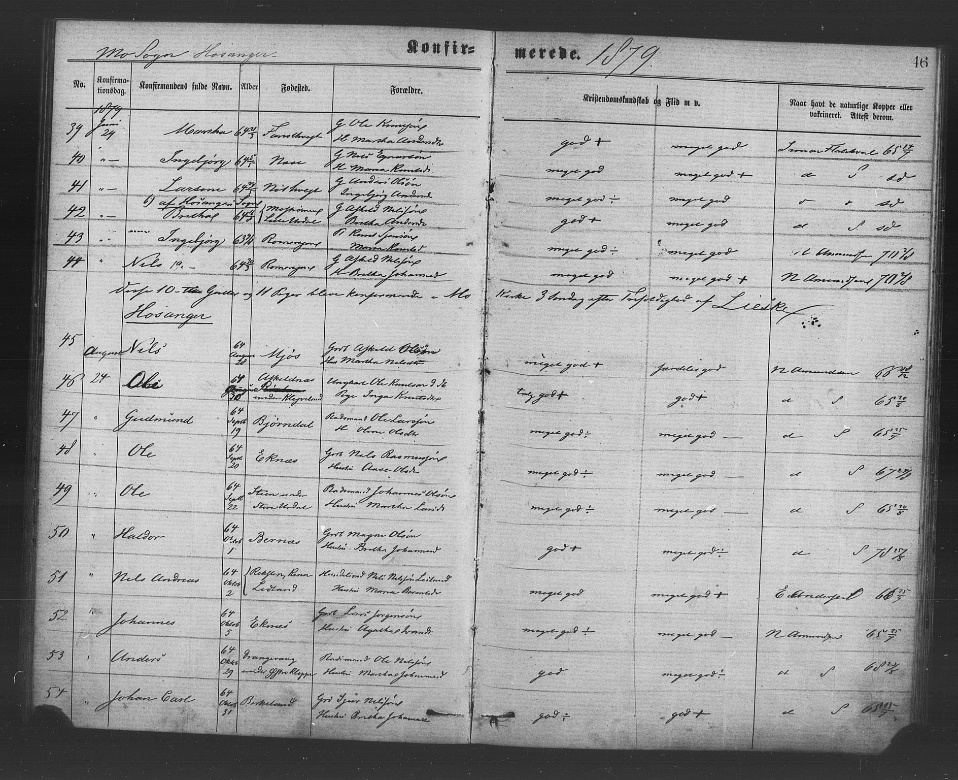 Hosanger sokneprestembete, AV/SAB-A-75801/H/Haa: Parish register (official) no. A 10, 1877-1879, p. 46