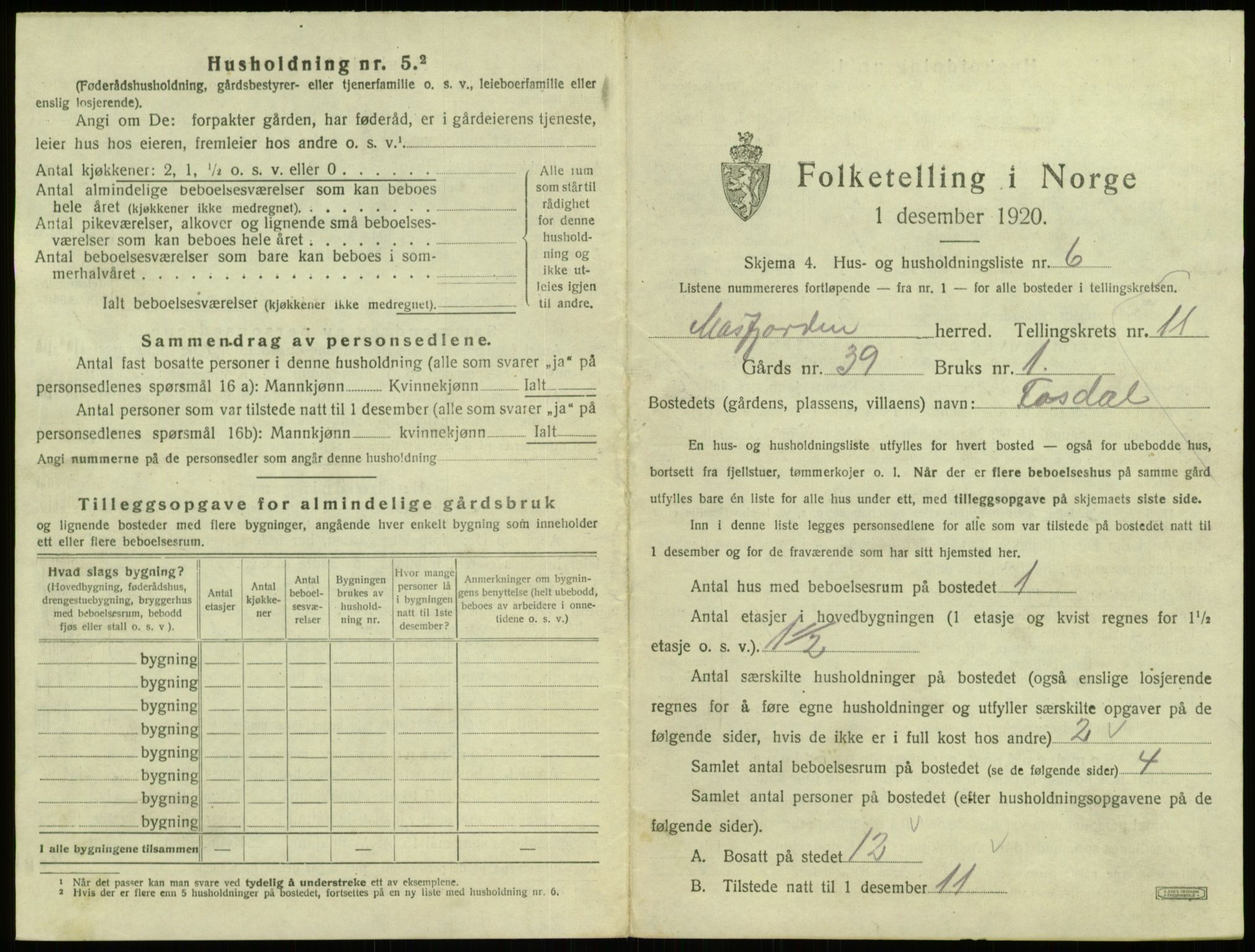 SAB, 1920 census for Masfjorden, 1920, p. 546