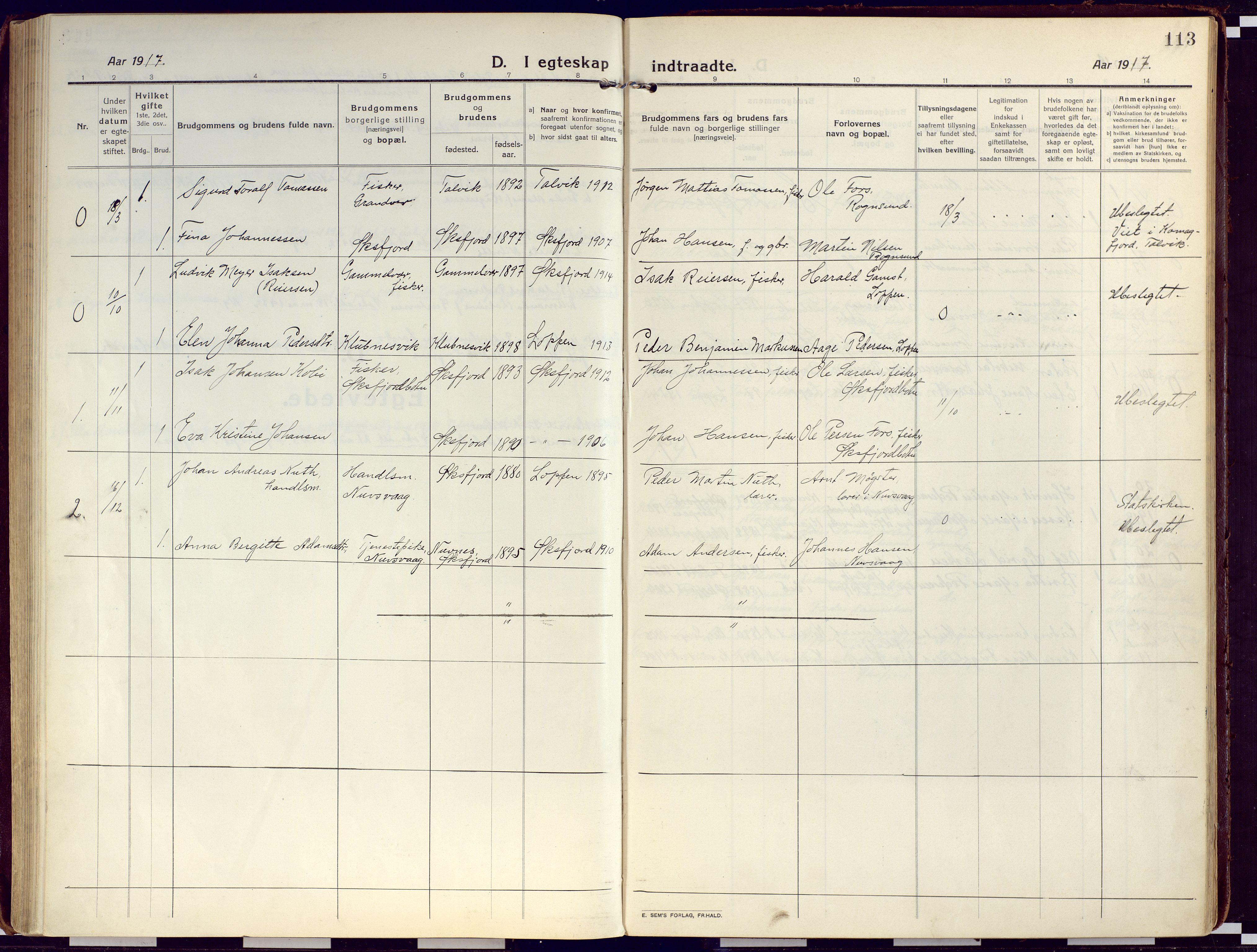 Loppa sokneprestkontor, SATØ/S-1339/H/Ha/L0012kirke: Parish register (official) no. 12, 1917-1932, p. 113