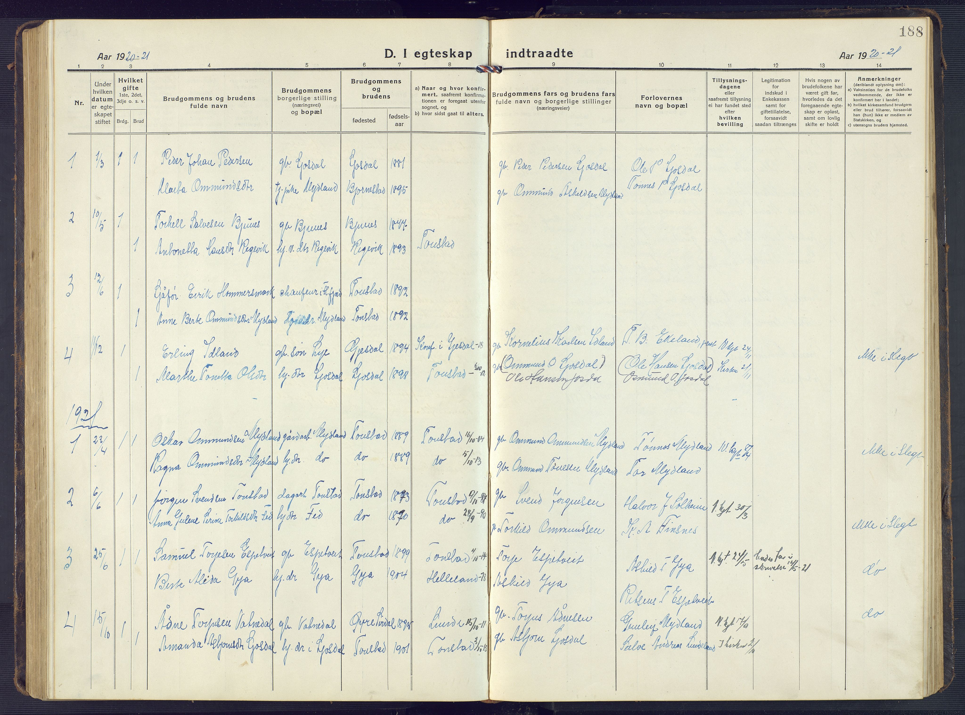 Sirdal sokneprestkontor, SAK/1111-0036/F/Fb/Fbb/L0005: Parish register (copy) no. B 5, 1916-1960, p. 188
