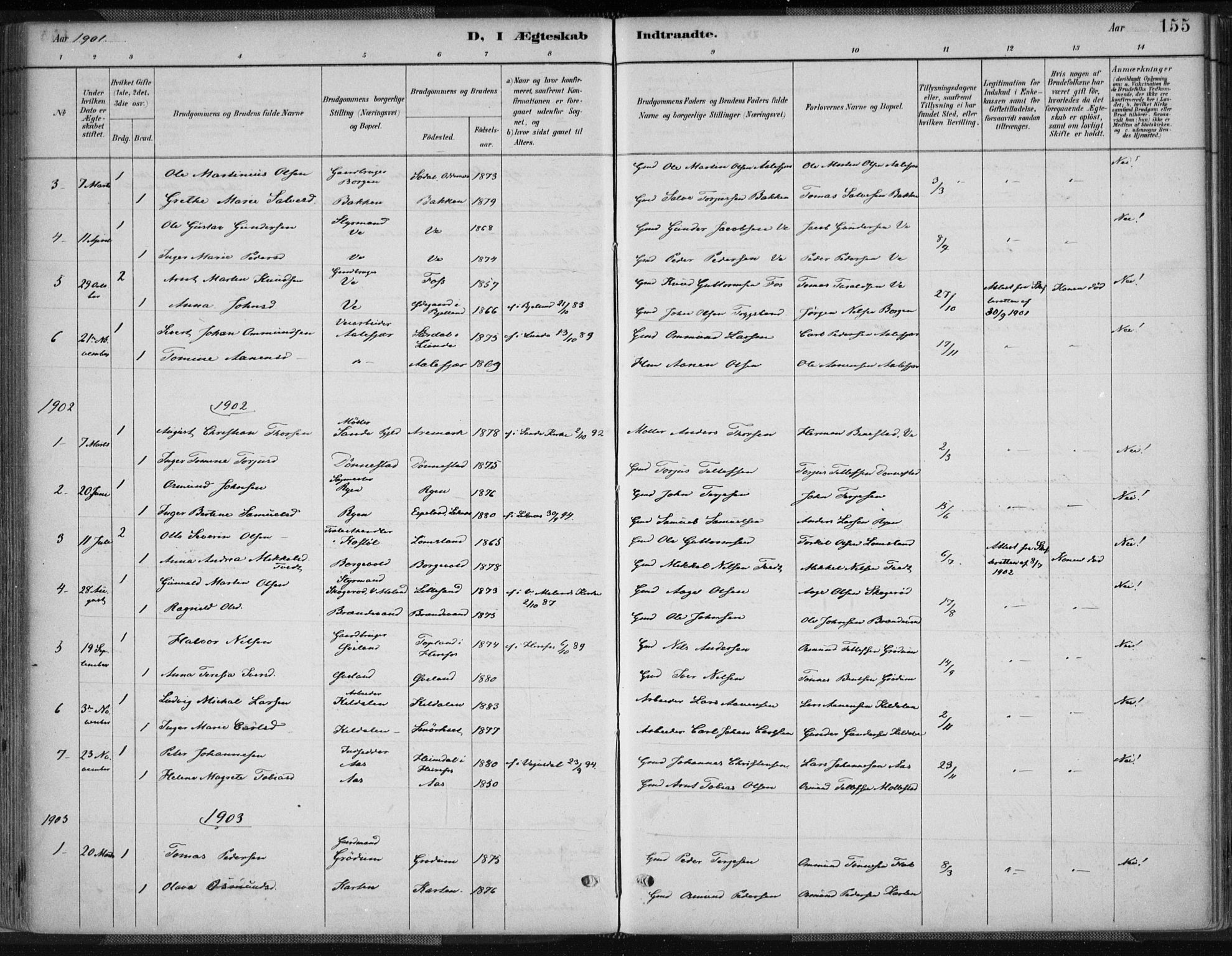 Tveit sokneprestkontor, SAK/1111-0043/F/Fa/L0007: Parish register (official) no. A 7, 1887-1908, p. 155