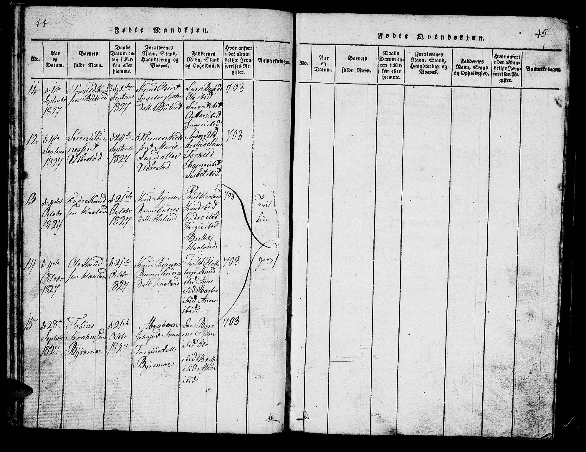 Bjelland sokneprestkontor, AV/SAK-1111-0005/F/Fb/Fbc/L0001: Parish register (copy) no. B 1, 1815-1870, p. 44-45