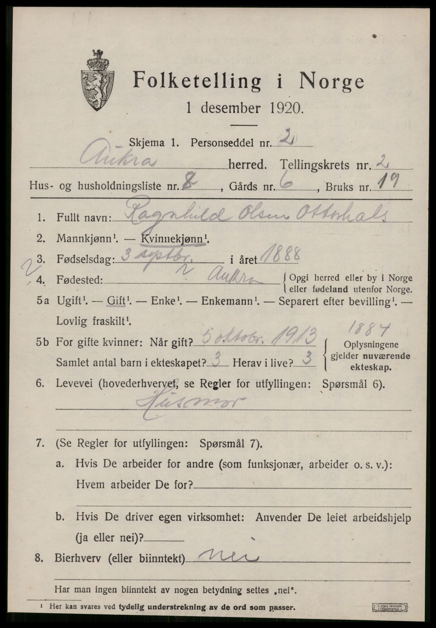 SAT, 1920 census for Aukra, 1920, p. 1713
