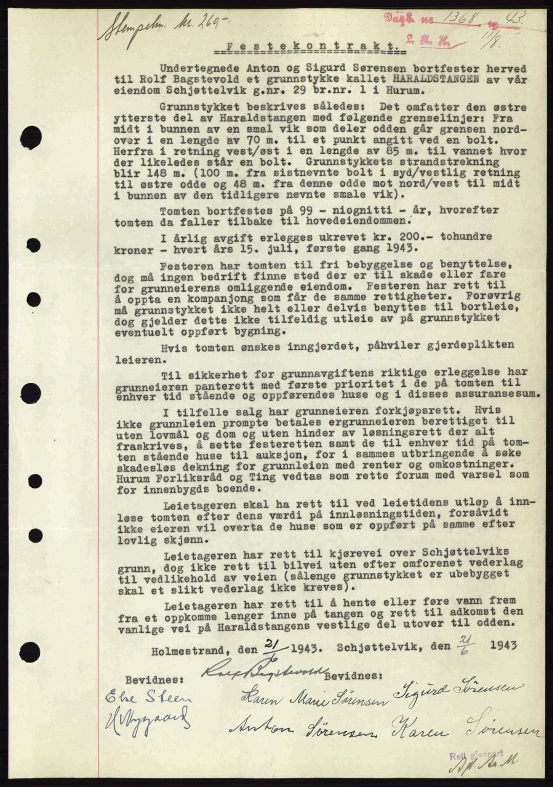 Lier, Røyken og Hurum sorenskriveri, AV/SAKO-A-89/G/Ga/Gab/L0077: Mortgage book no. 77, 1943-1943, Diary no: : 1368/1943