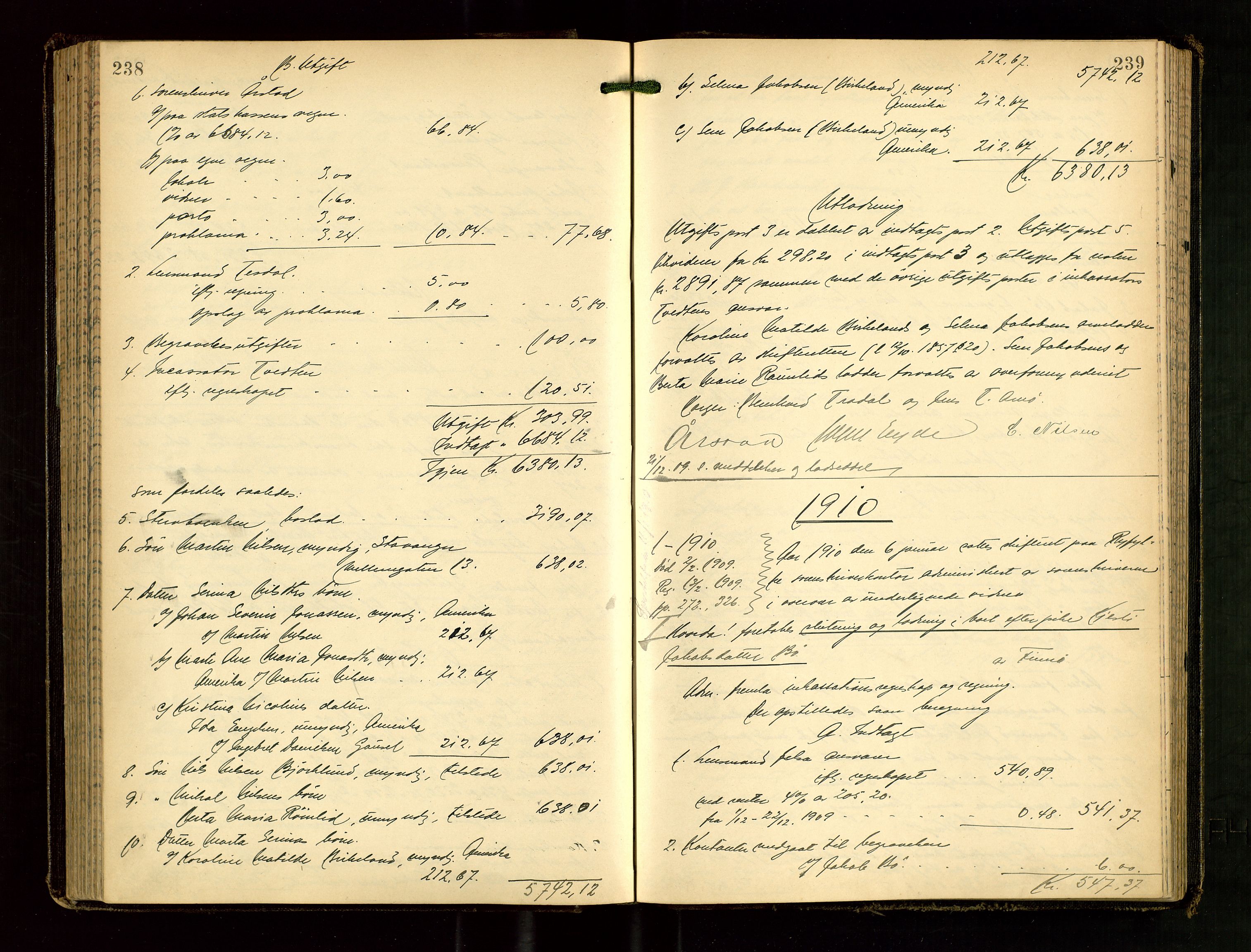 Ryfylke tingrett, SAST/A-100055/001/IV/IVG/L0003: Skifteutlodningsprotokoll Med register, 1907-1912, p. 238-239