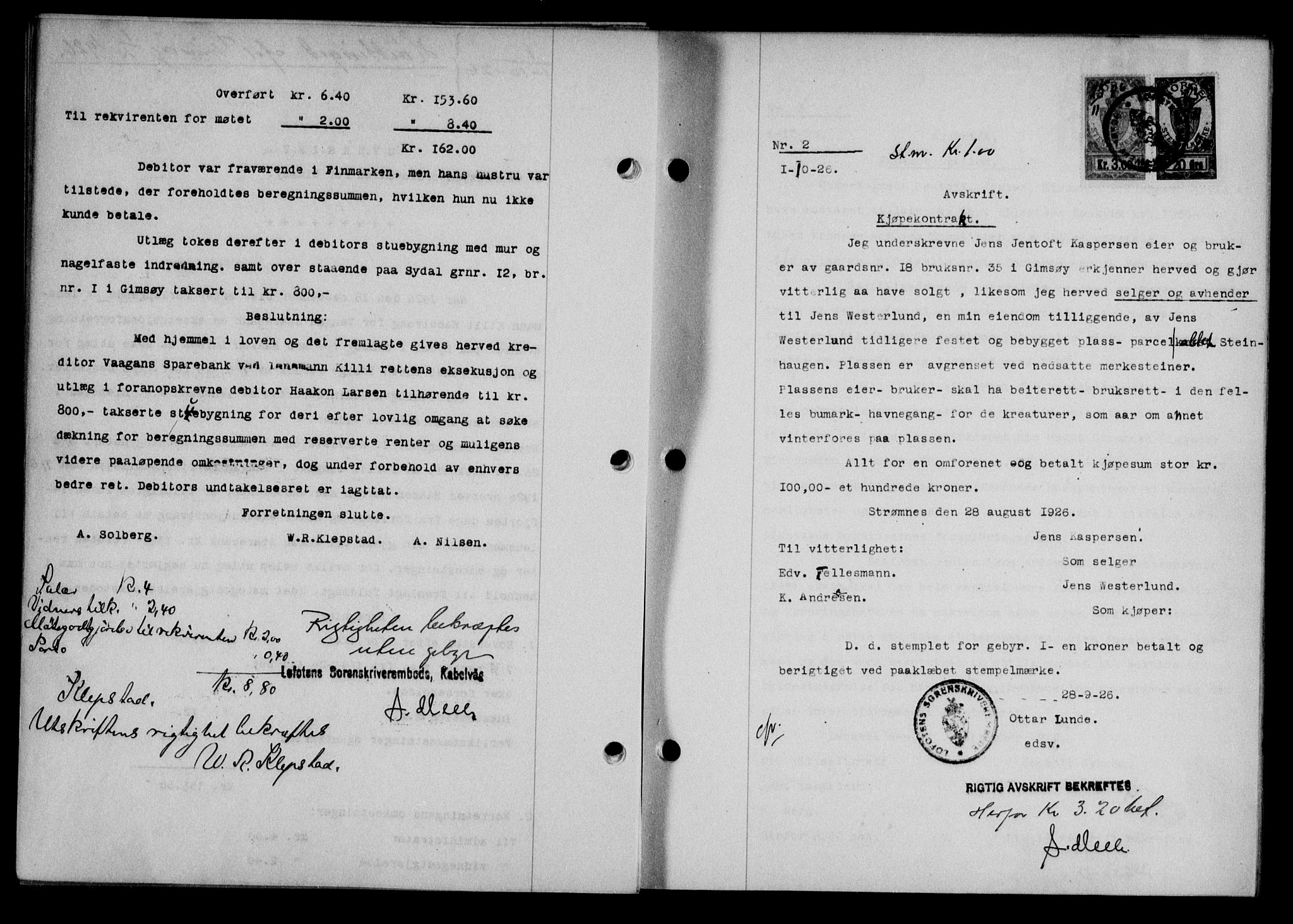 Lofoten sorenskriveri, SAT/A-0017/1/2/2C/L0014b: Mortgage book no. 14b, 1926-1926, Deed date: 01.10.1926