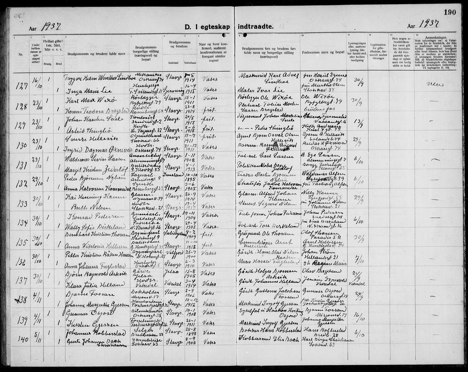 Domkirken sokneprestkontor, AV/SAST-A-101812/001/30/30BB/L0020: Parish register (copy) no. B 20, 1921-1937, p. 190