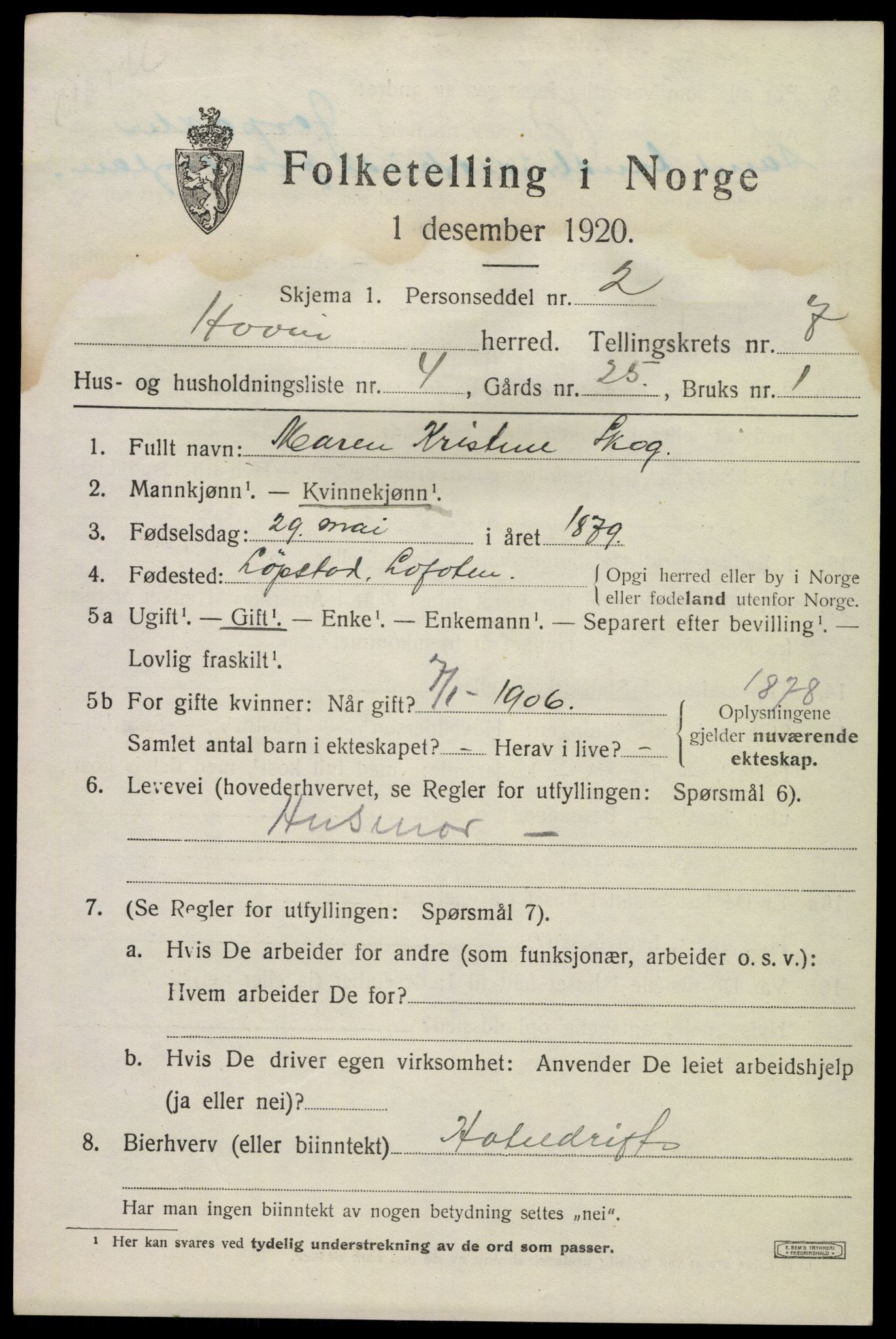 SAKO, 1920 census for Hovin, 1920, p. 1731