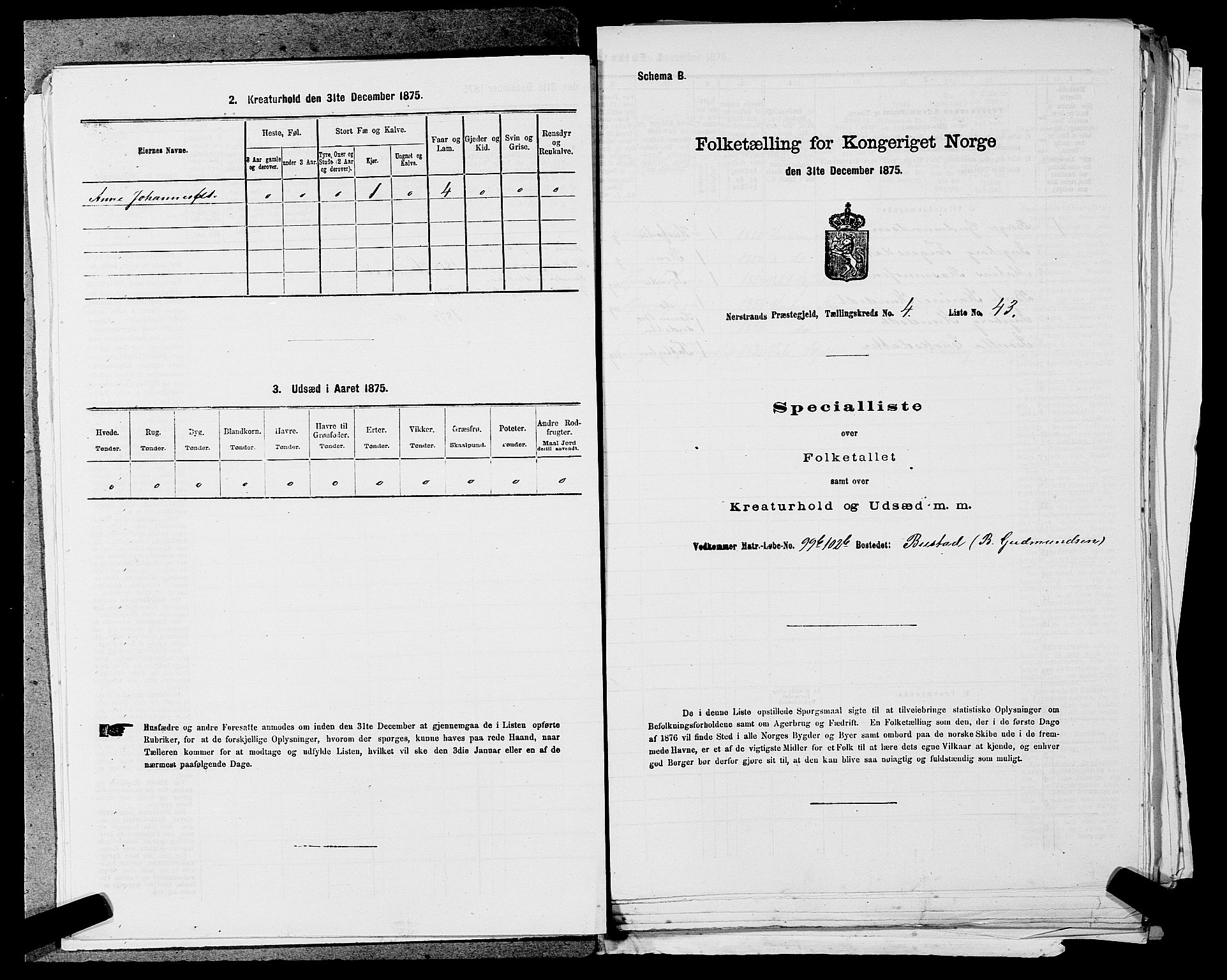 SAST, 1875 census for 1139P Nedstrand, 1875, p. 232