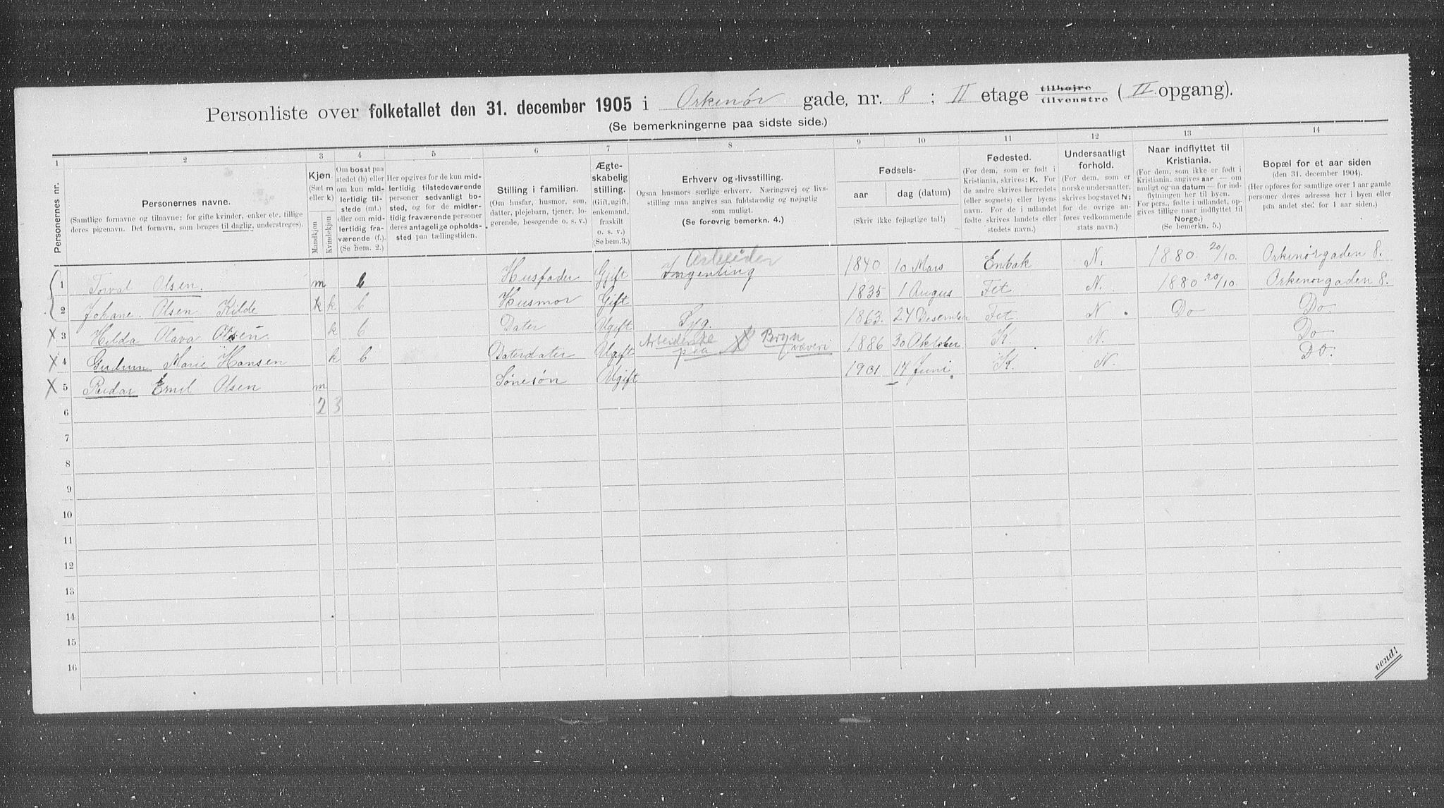 OBA, Municipal Census 1905 for Kristiania, 1905, p. 39966