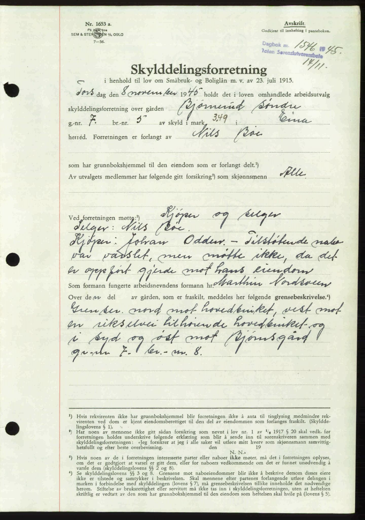 Toten tingrett, SAH/TING-006/H/Hb/Hbc/L0013: Mortgage book no. Hbc-13, 1945-1945, Diary no: : 1546/1945