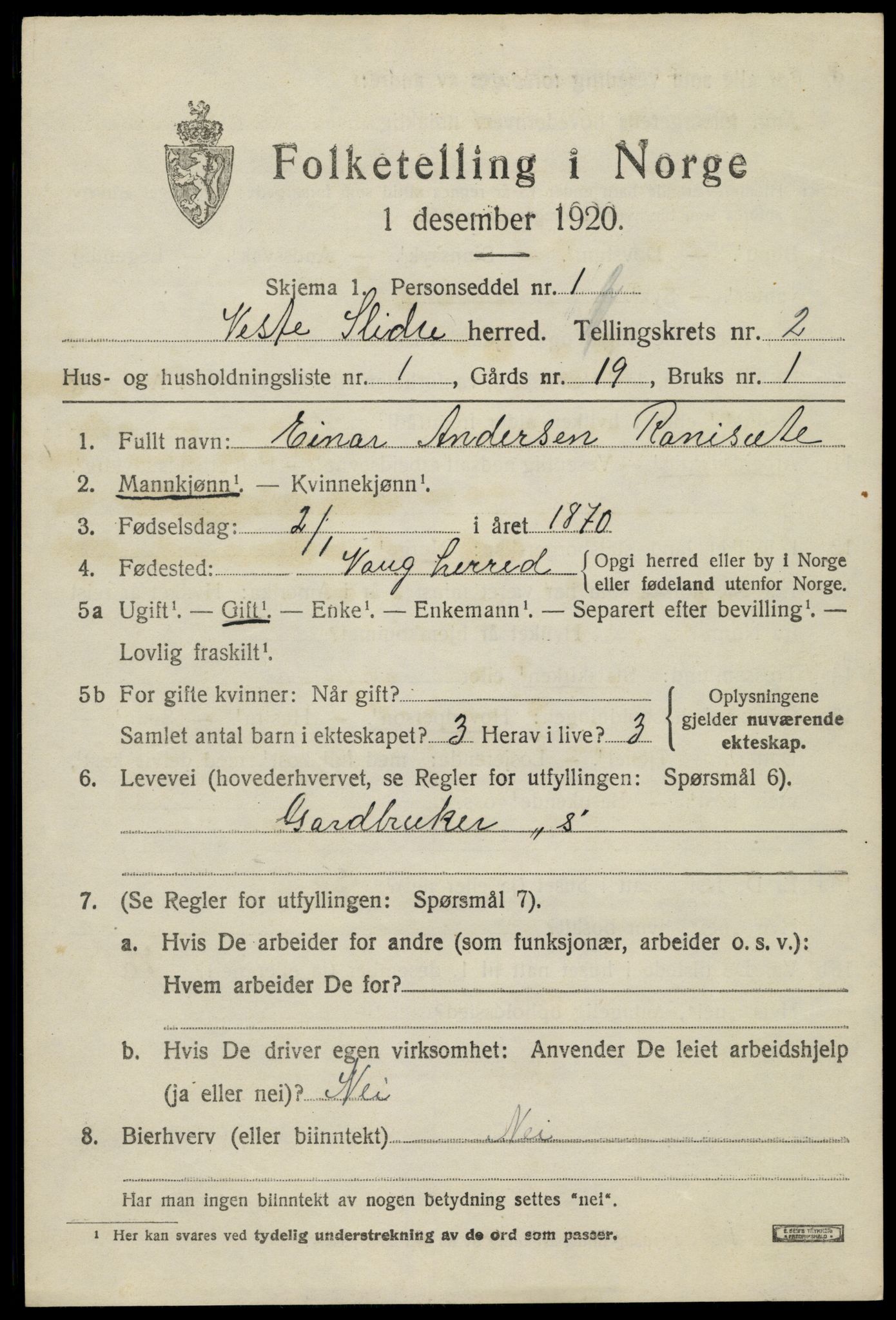 SAH, 1920 census for Vestre Slidre, 1920, p. 1552