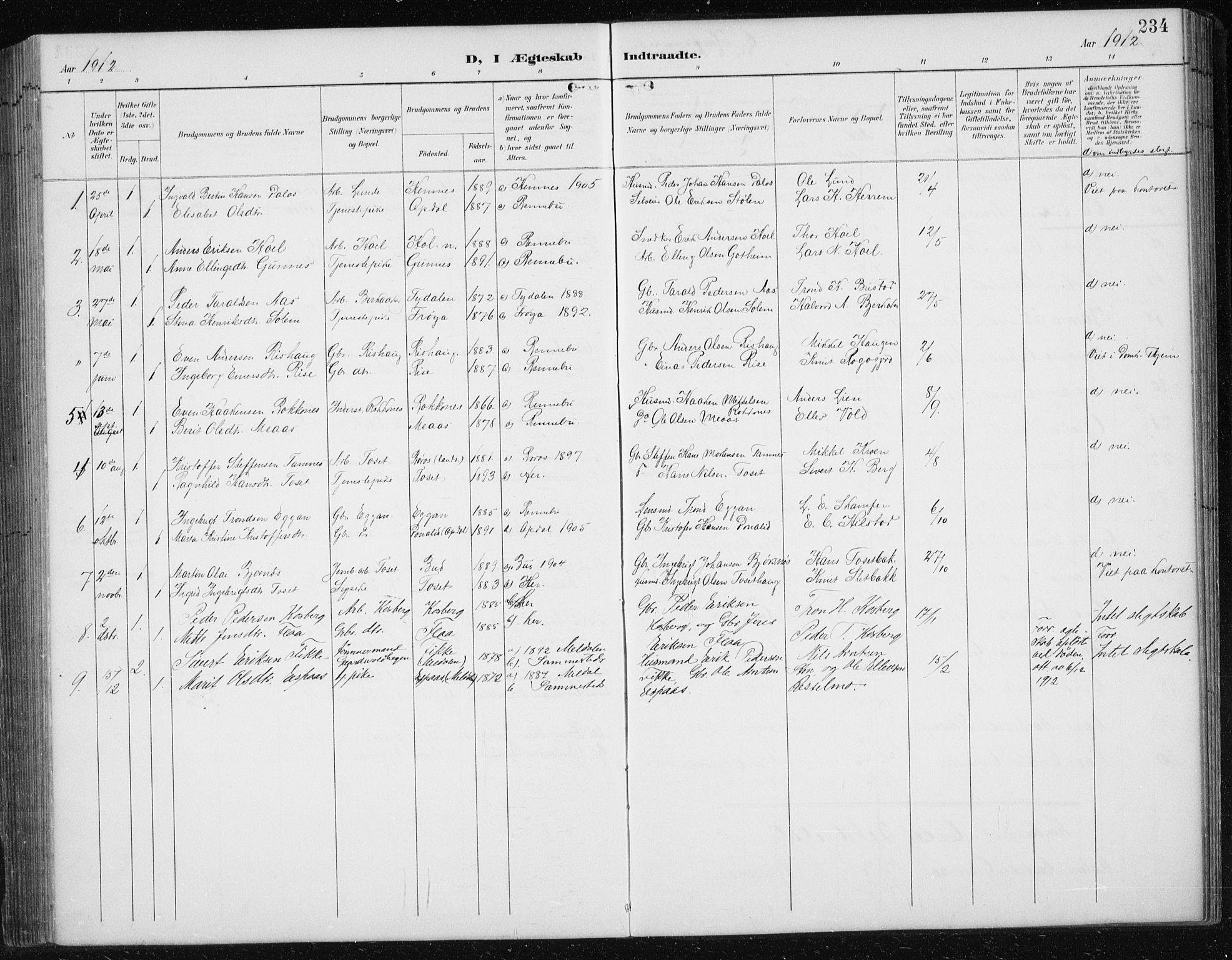 Ministerialprotokoller, klokkerbøker og fødselsregistre - Sør-Trøndelag, SAT/A-1456/674/L0876: Parish register (copy) no. 674C03, 1892-1912, p. 234