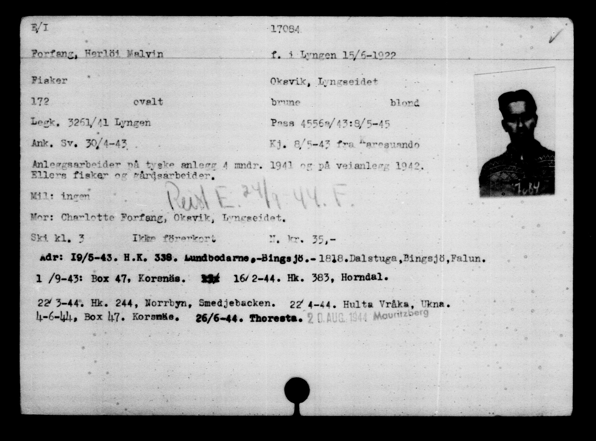 Utenriksstasjonene, Legasjonen i Stockholm, Flyktningkontoret, AV/RA-S-6753/V/Va/L0008: Kjesäterkartoteket, flyktninger med registreringsnr. 15700-18547, 1940-1945, p. 1520