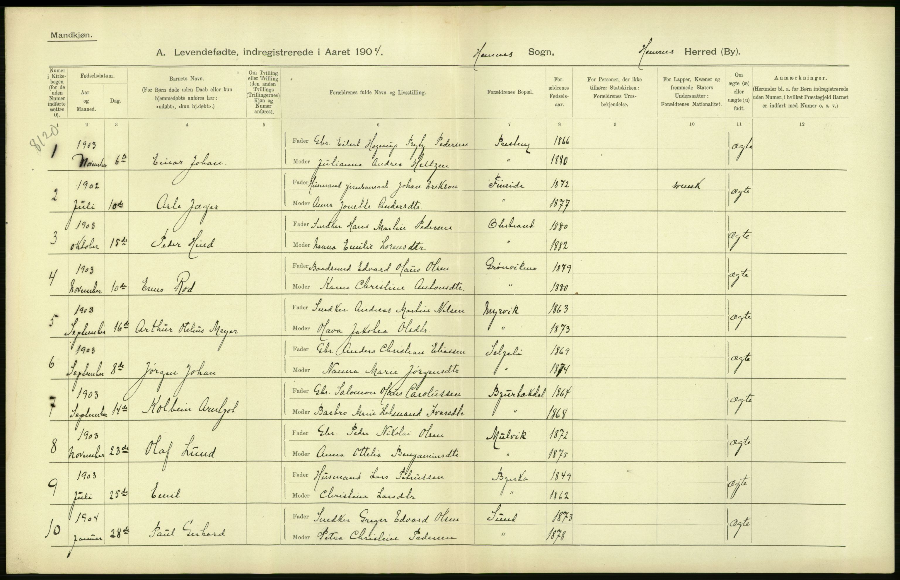 Statistisk sentralbyrå, Sosiodemografiske emner, Befolkning, AV/RA-S-2228/D/Df/Dfa/Dfab/L0020: Nordlands amt: Fødte. Bygder, 1904, p. 22