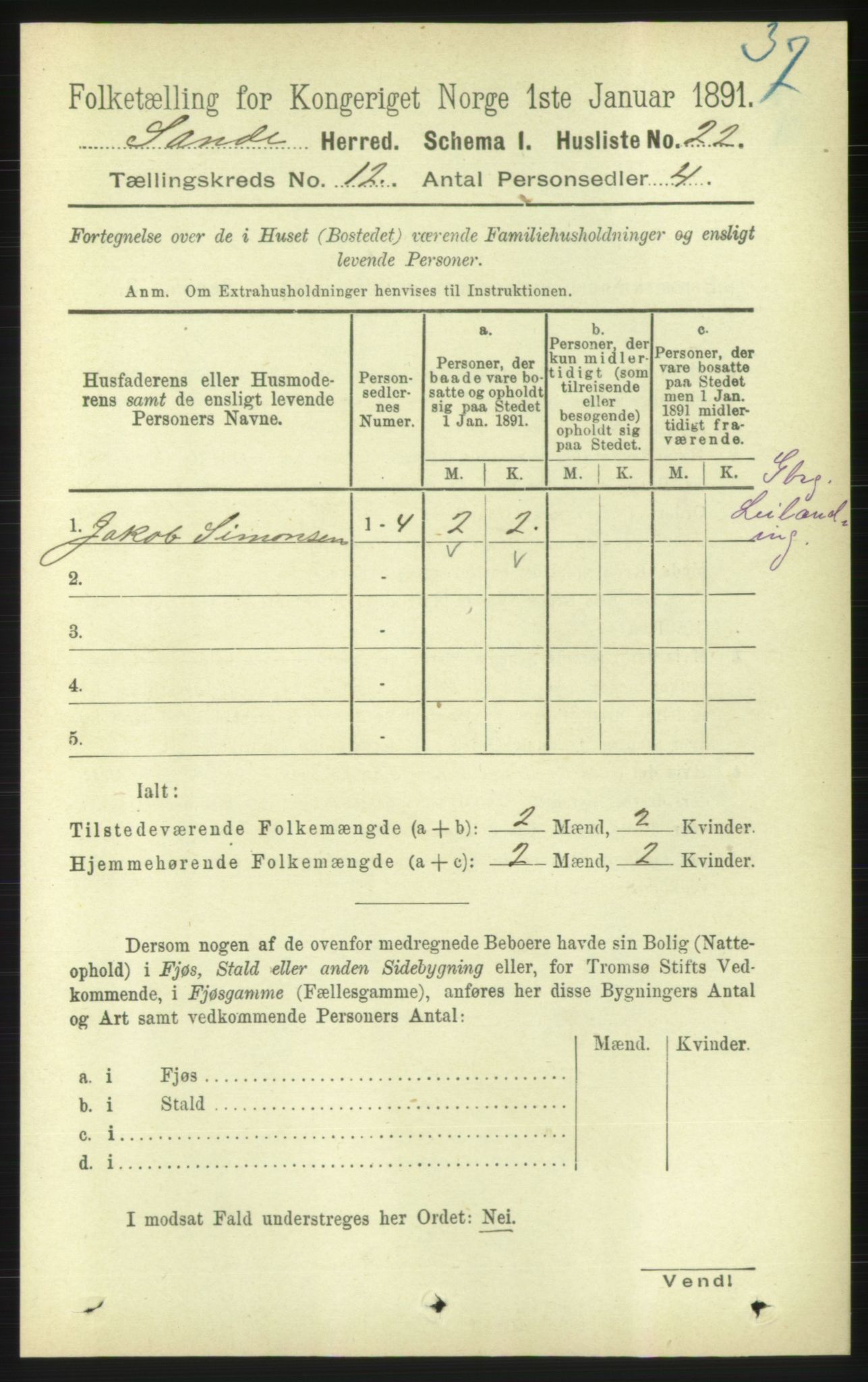 RA, 1891 census for 1514 Sande, 1891, p. 2230