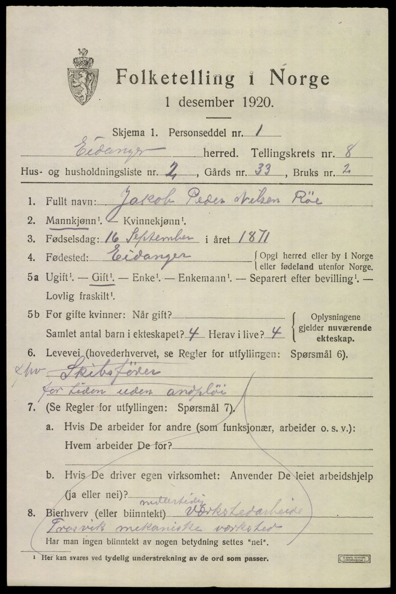 SAKO, 1920 census for Eidanger, 1920, p. 5444