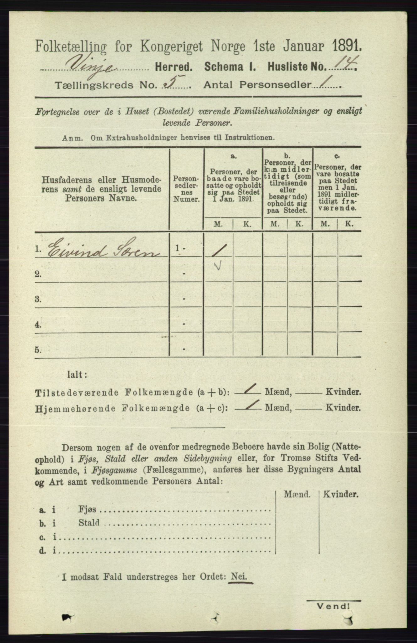 RA, 1891 census for 0834 Vinje, 1891, p. 1019