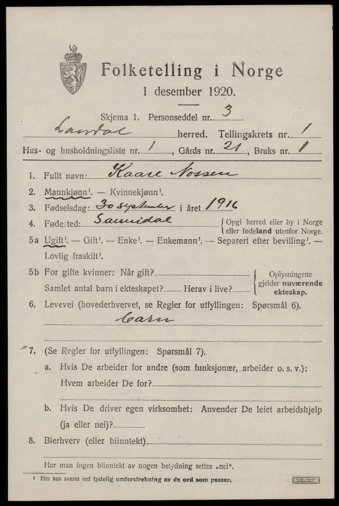 SAKO, 1920 census for Lårdal, 1920, p. 619