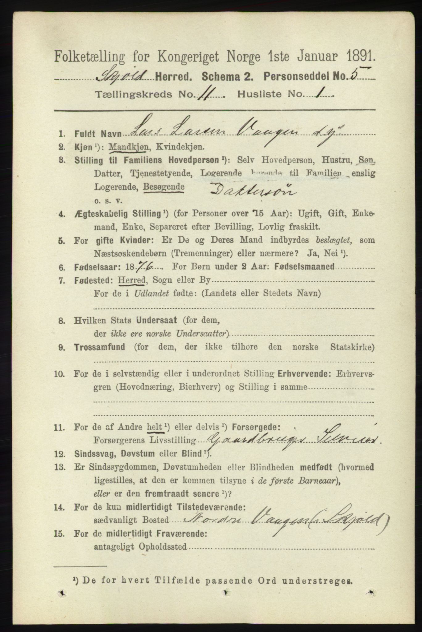 RA, 1891 census for 1154 Skjold, 1891, p. 2074