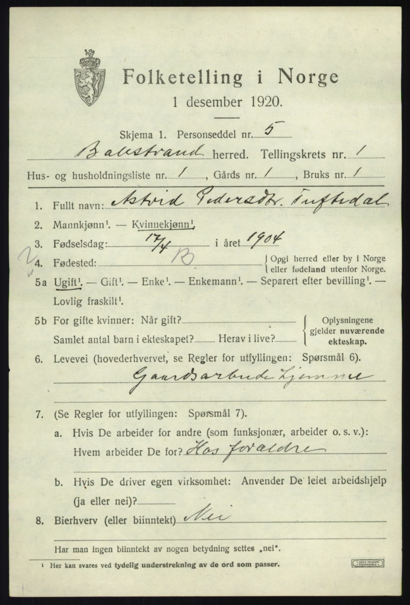 SAB, 1920 census for Balestrand, 1920, p. 792