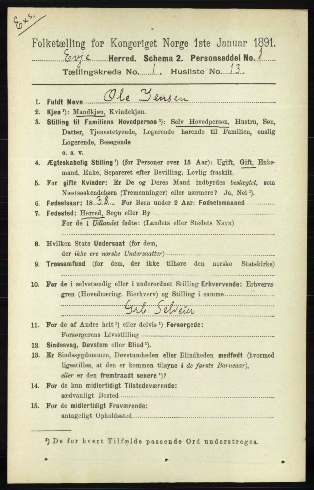 RA, Census 1891 for Nedenes amt: Gjenparter av personsedler for beslektede ektefeller, menn, 1891, p. 992