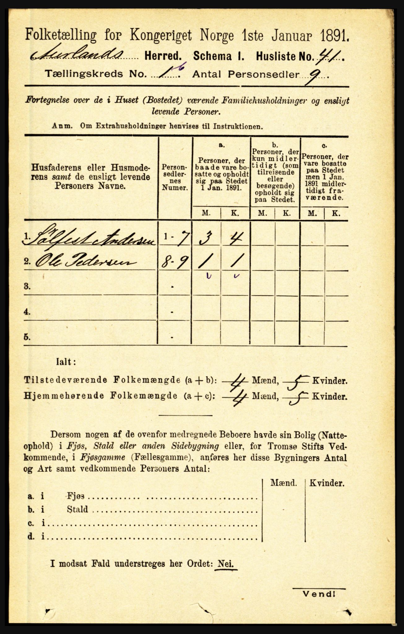 RA, 1891 census for 1421 Aurland, 1891, p. 150