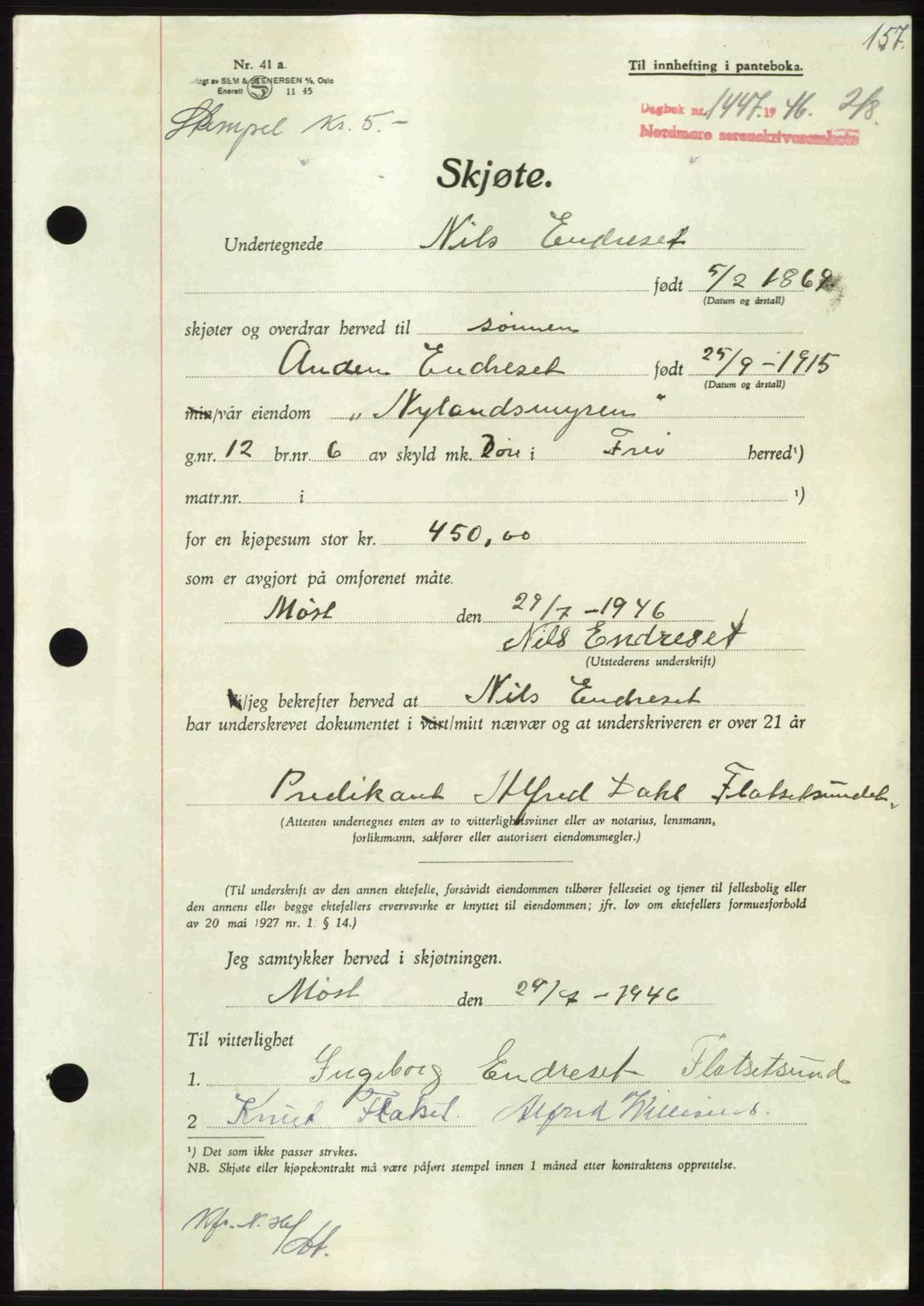 Nordmøre sorenskriveri, AV/SAT-A-4132/1/2/2Ca: Mortgage book no. A102, 1946-1946, Diary no: : 1447/1946