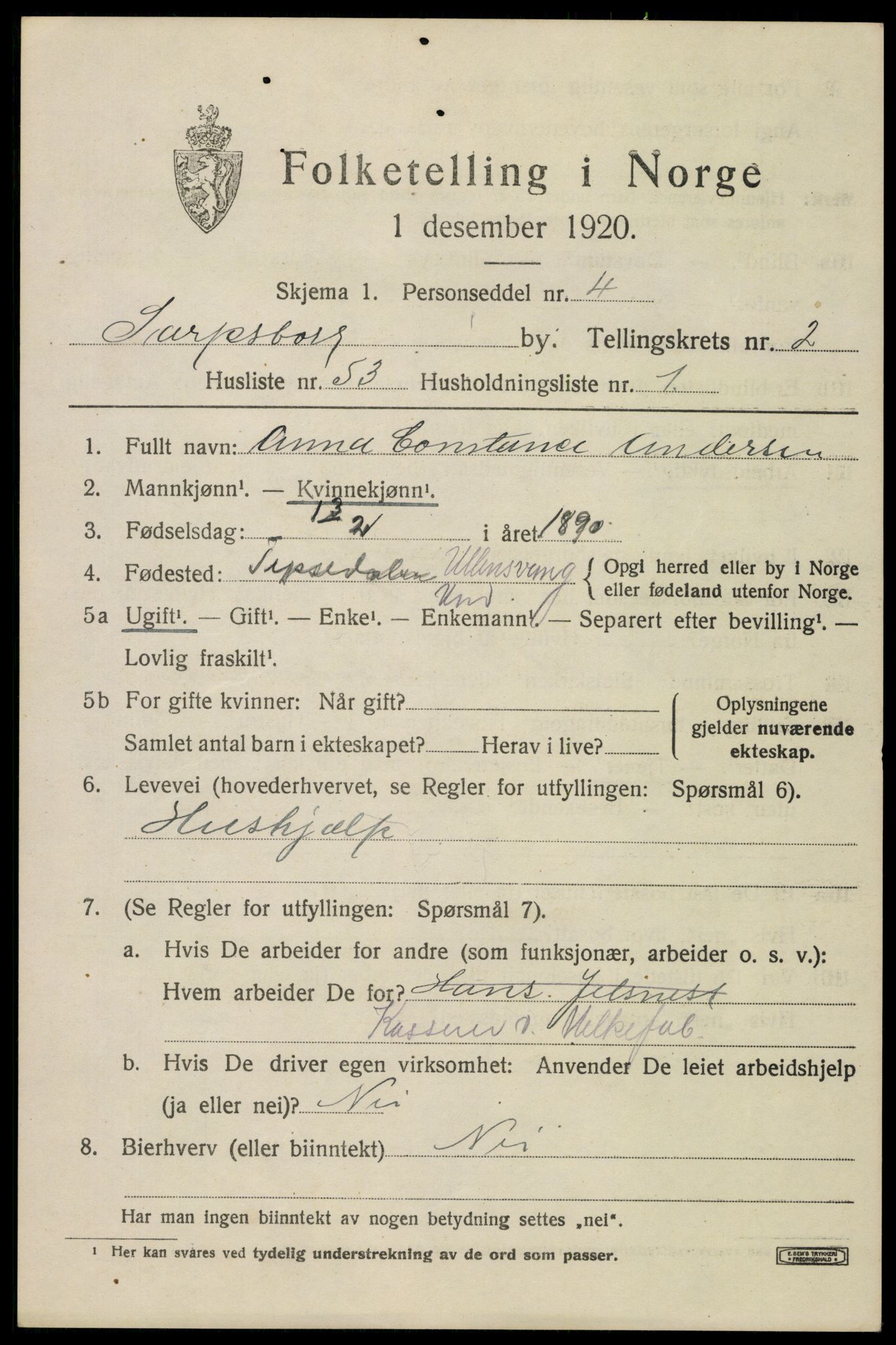 SAO, 1920 census for Sarpsborg, 1920, p. 10268