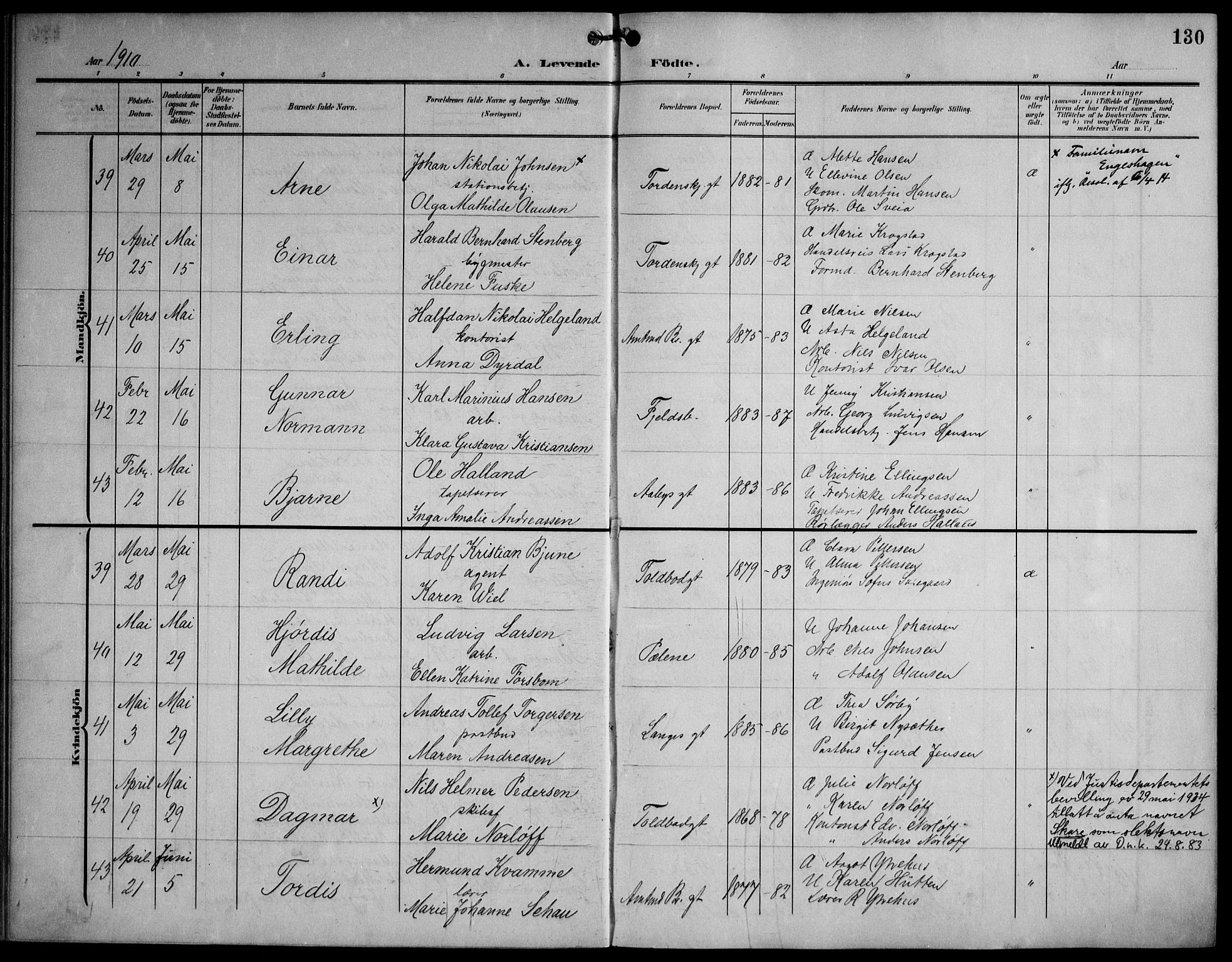 Strømsø kirkebøker, AV/SAKO-A-246/F/Fa/L0026: Parish register (official) no. I 26, 1905-1914, p. 130