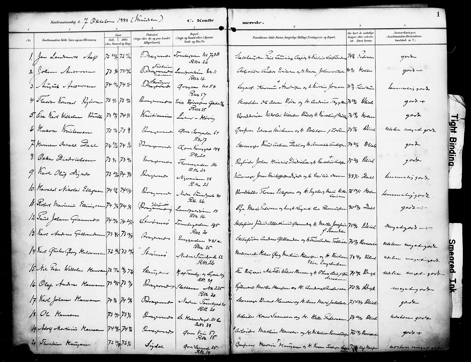 Bragernes kirkebøker, SAKO/A-6/F/Fc/L0006: Parish register (official) no. III 6, 1888-1899, p. 1