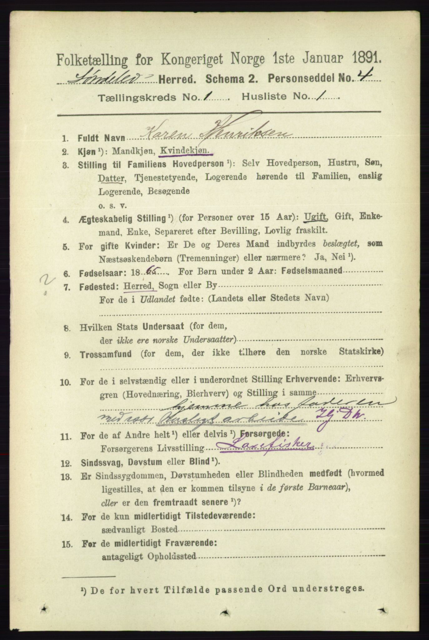 RA, 1891 census for 0913 Søndeled, 1891, p. 88