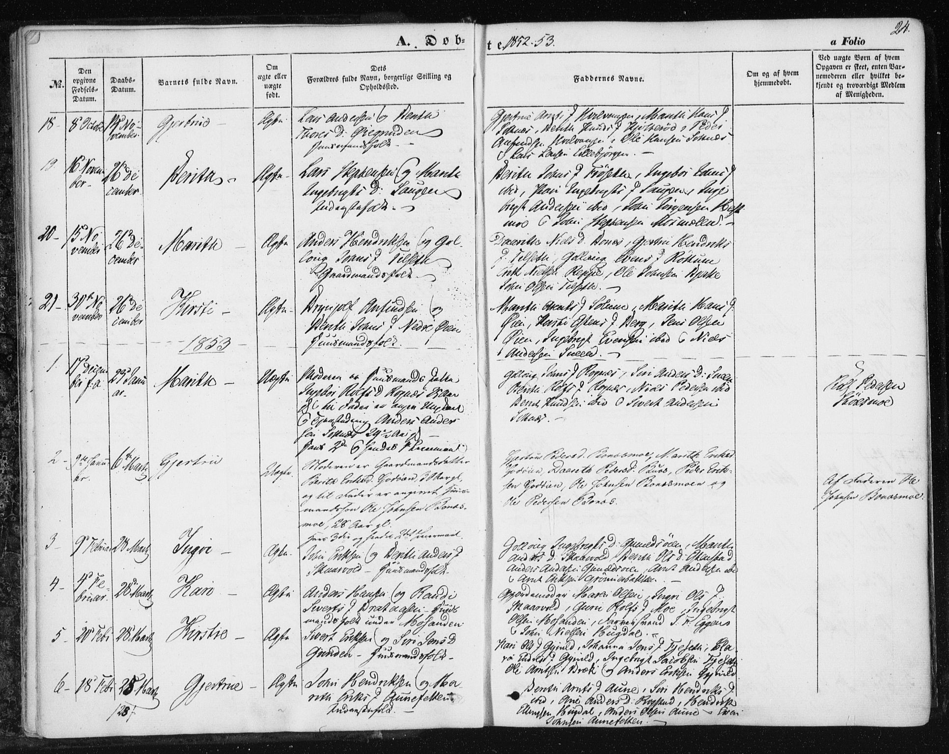 Ministerialprotokoller, klokkerbøker og fødselsregistre - Sør-Trøndelag, SAT/A-1456/687/L1000: Parish register (official) no. 687A06, 1848-1869, p. 24