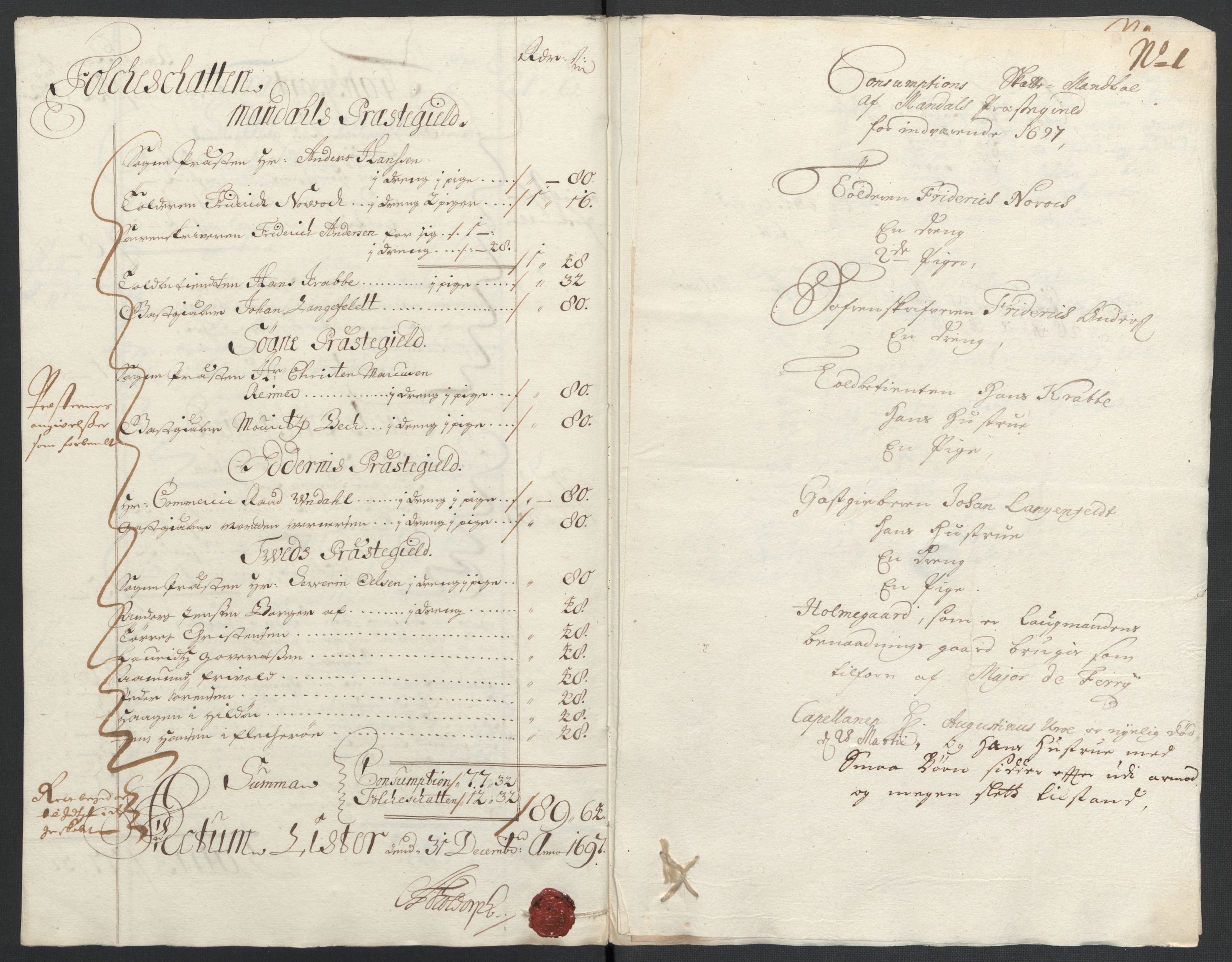 Rentekammeret inntil 1814, Reviderte regnskaper, Fogderegnskap, RA/EA-4092/R43/L2546: Fogderegnskap Lista og Mandal, 1696-1697, p. 231