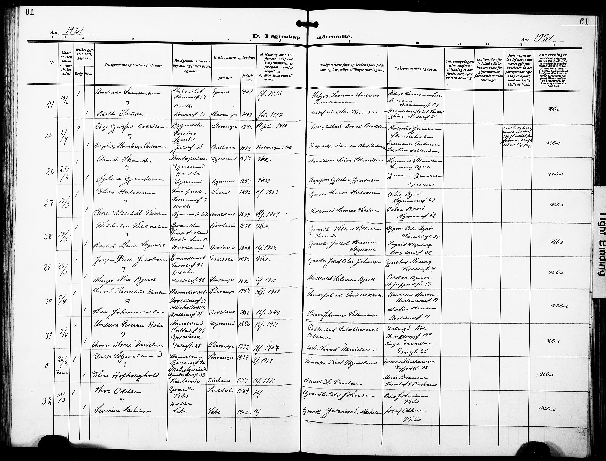 St. Johannes sokneprestkontor, AV/SAST-A-101814/001/30/30BB/L0007: Parish register (copy) no. B 7, 1917-1932, p. 61