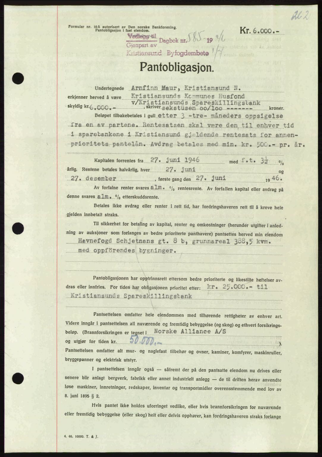 Kristiansund byfogd, AV/SAT-A-4587/A/27: Mortgage book no. 40, 1946-1946, Diary no: : 585/1946