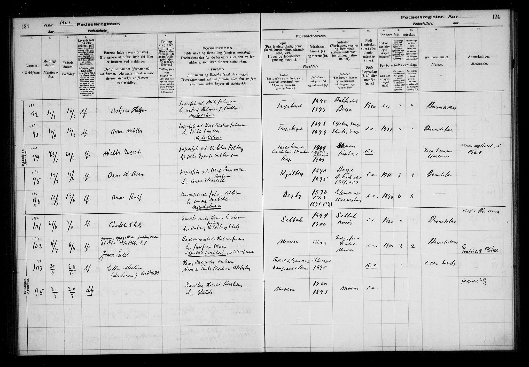 Borge prestekontor Kirkebøker, AV/SAO-A-10903/J/Ja/L0001: Birth register no. I 1, 1916-1925, p. 124