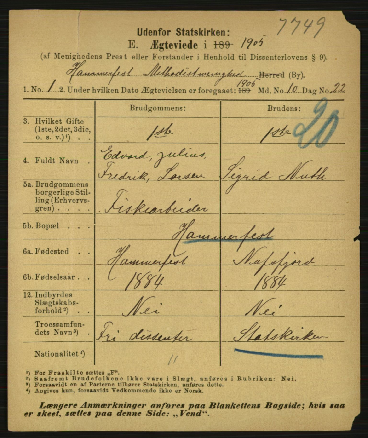 Statistisk sentralbyrå, Sosiodemografiske emner, Befolkning, AV/RA-S-2228/E/L0003: Fødte, gifte, døde dissentere., 1905, p. 2105