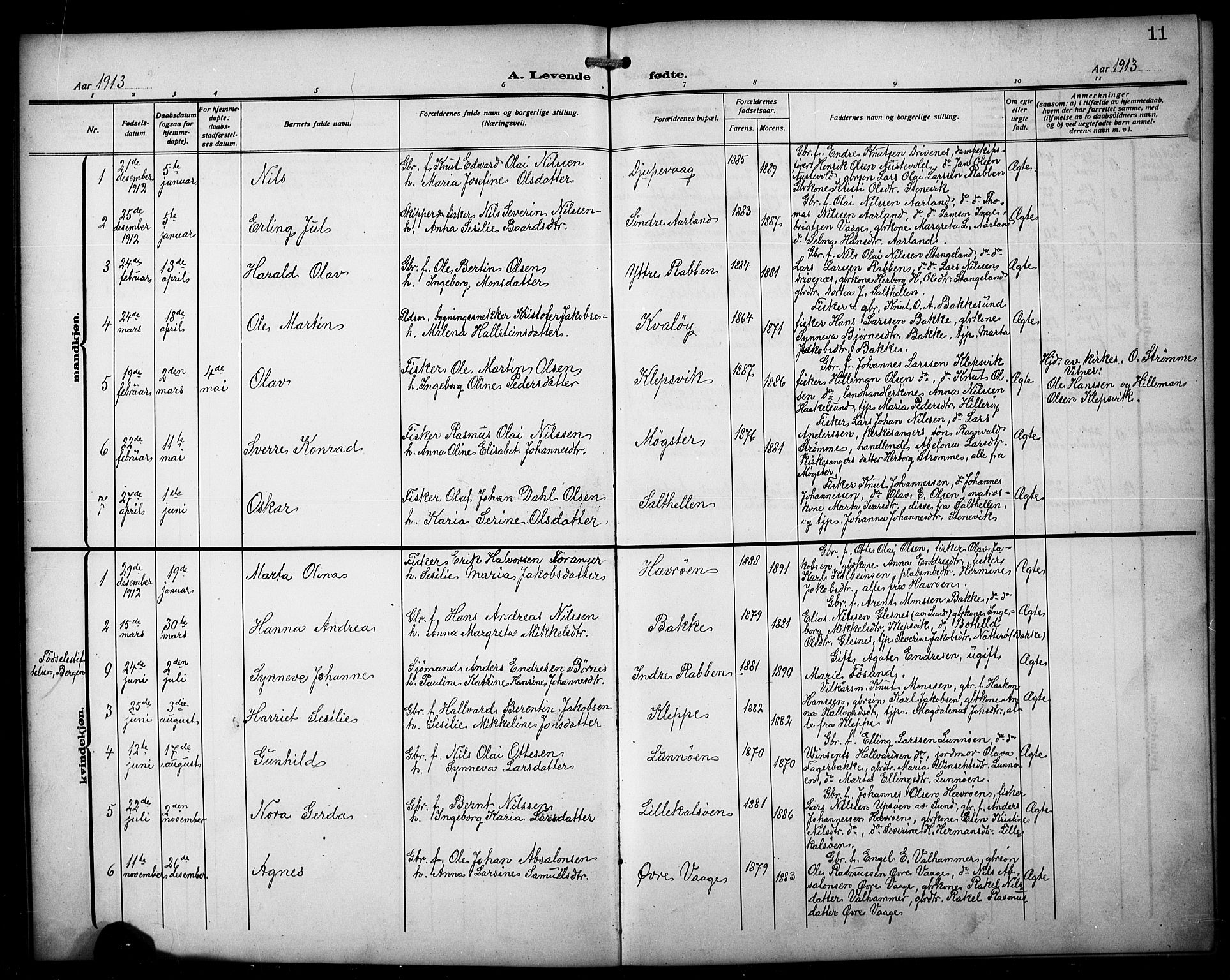 Austevoll sokneprestembete, AV/SAB-A-74201/H/Ha/Hab/Habb/L0006: Parish register (copy) no. B 6, 1911-1925, p. 11