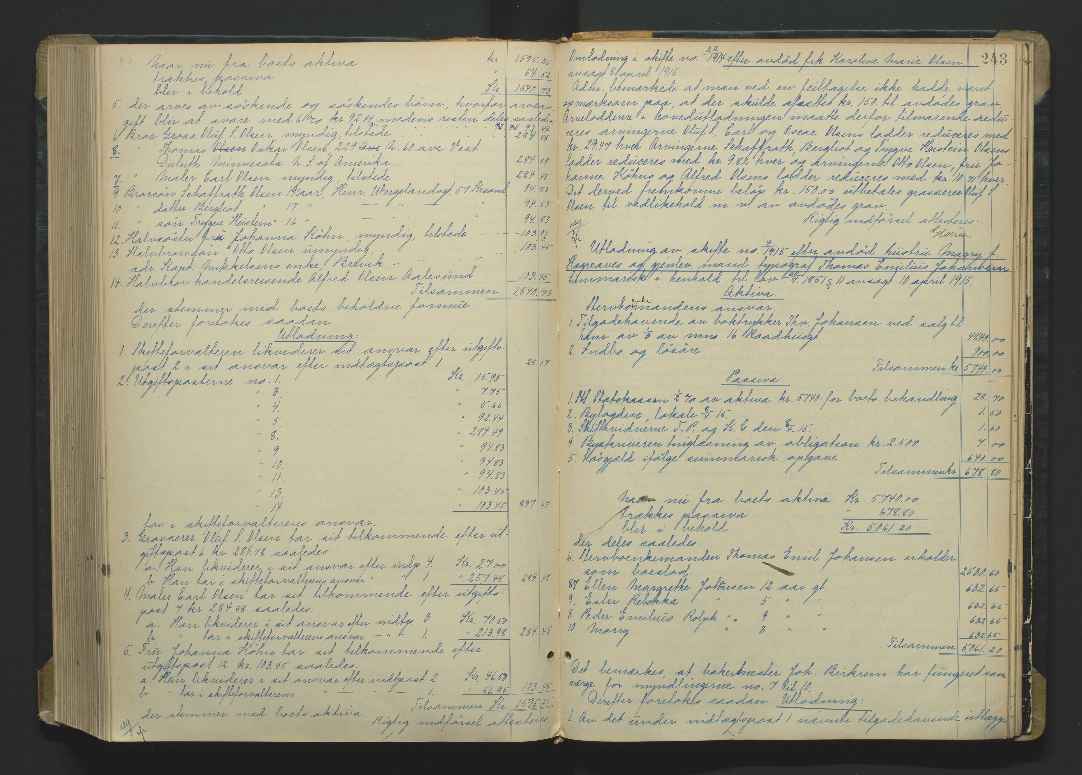 Kristiansand byrett, SAK/1223-0001/H/Hc/L0060: Skifteutlodningsprotokoll nr. 6, med register, 1903-1916, p. 243