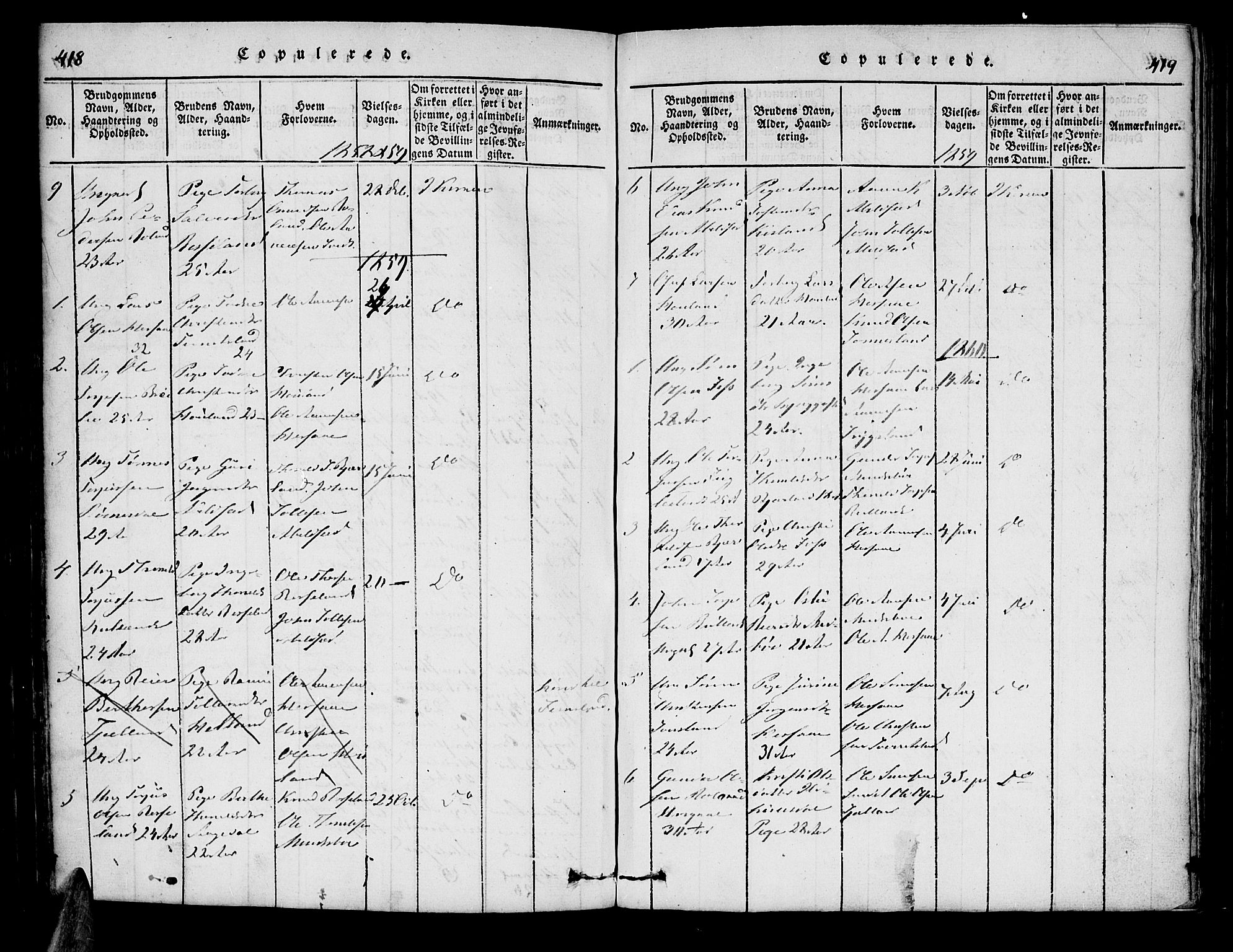 Bjelland sokneprestkontor, SAK/1111-0005/F/Fa/Faa/L0002: Parish register (official) no. A 2, 1816-1866, p. 418-419