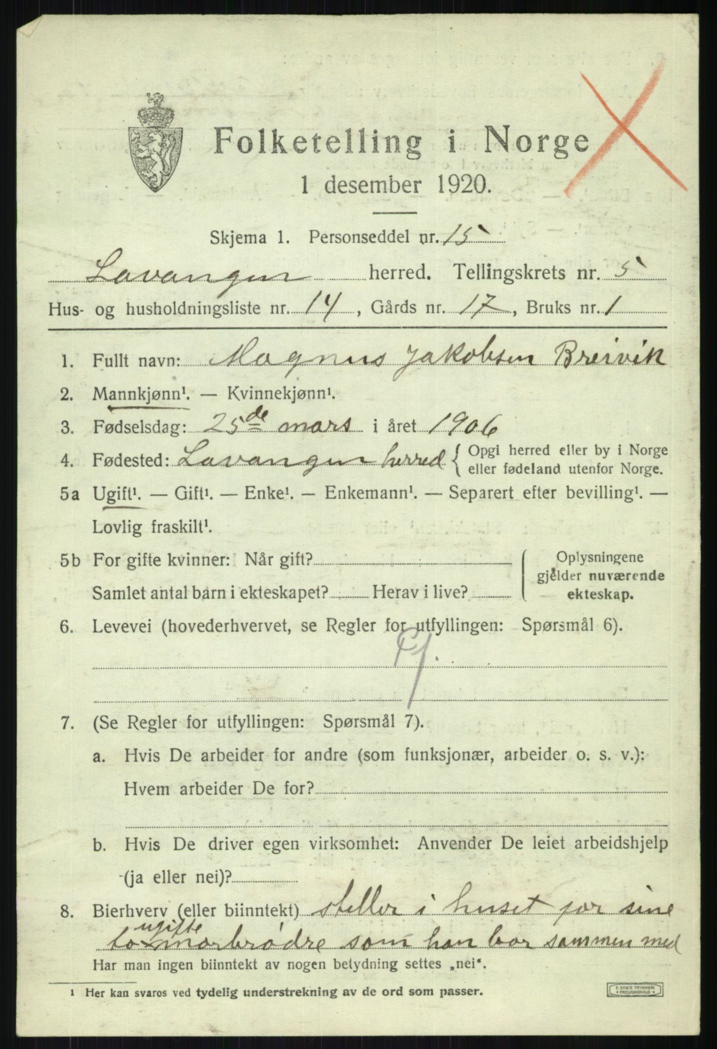 SATØ, 1920 census for Lavangen, 1920, p. 2529