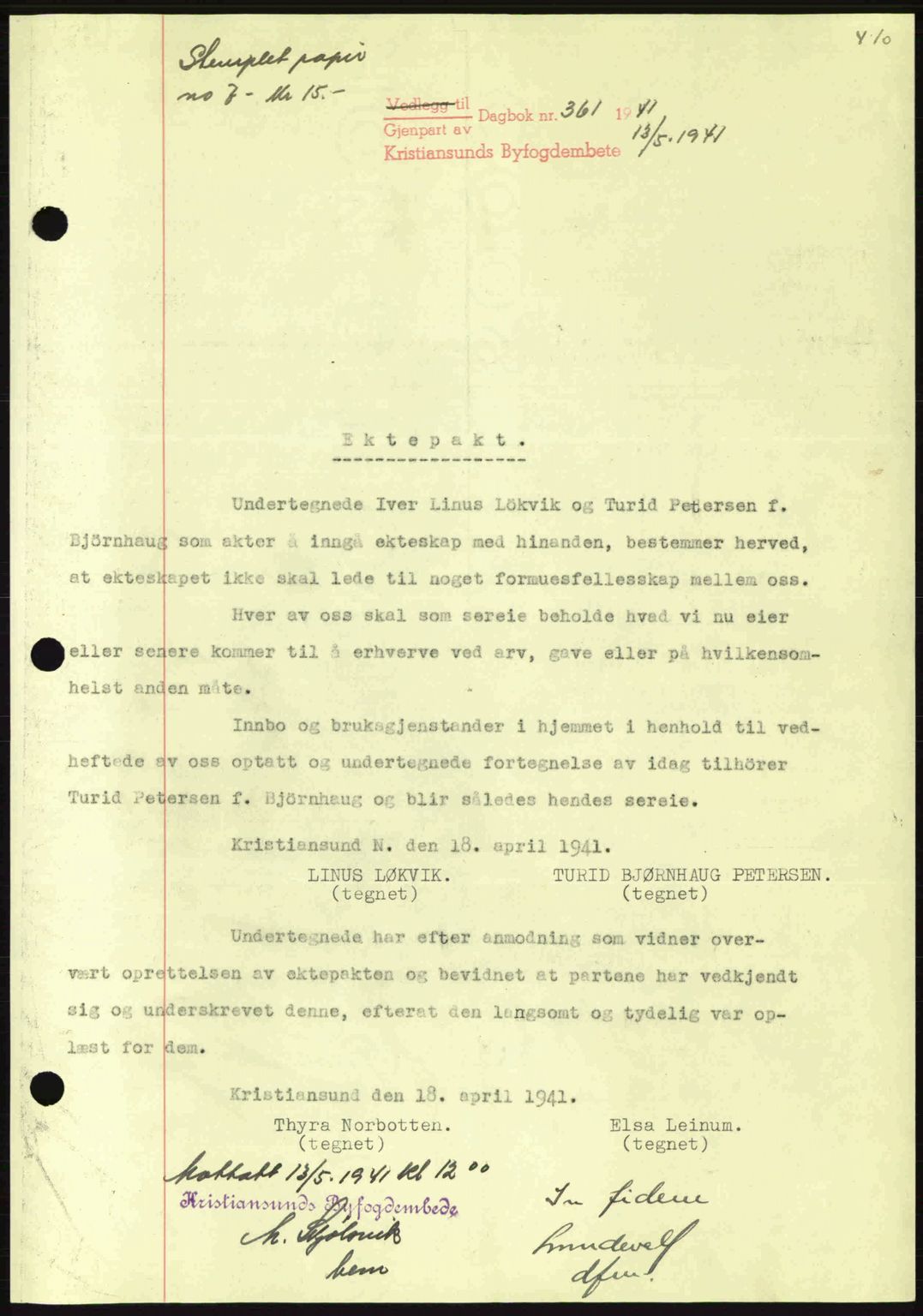 Kristiansund byfogd, SAT/A-4587/A/27: Mortgage book no. 33, 1939-1941, Diary no: : 361/1941
